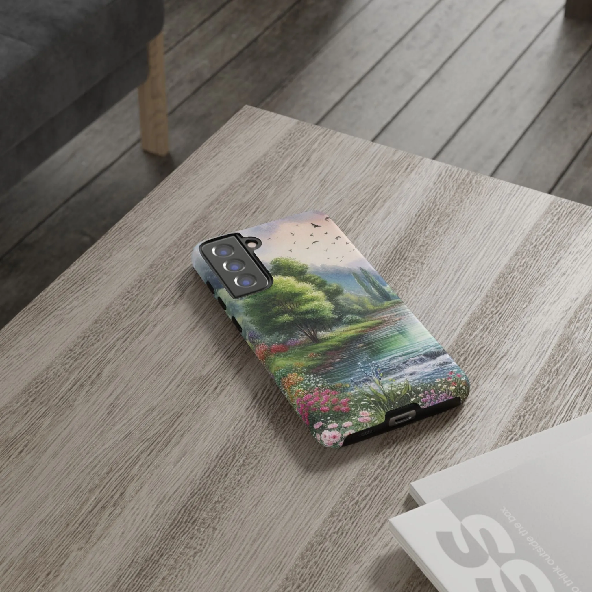 Colorful flowers and nature by a flowing river in spring watercolour effect Tough Cases