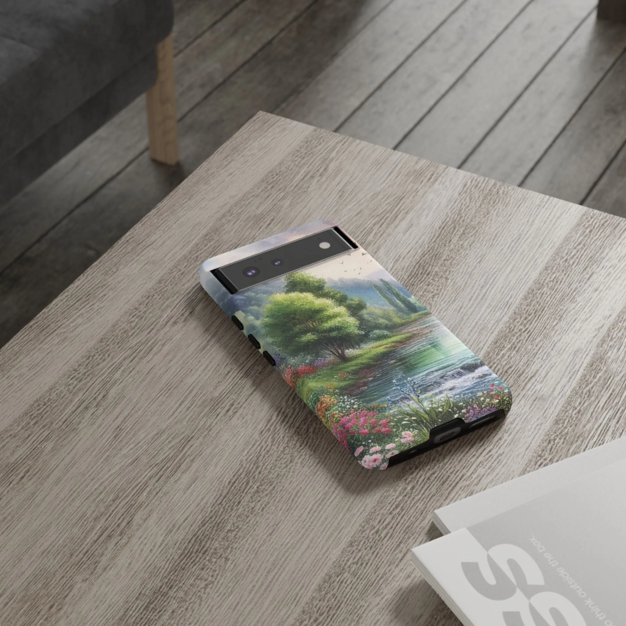Colorful flowers and nature by a flowing river in spring watercolour effect Tough Cases