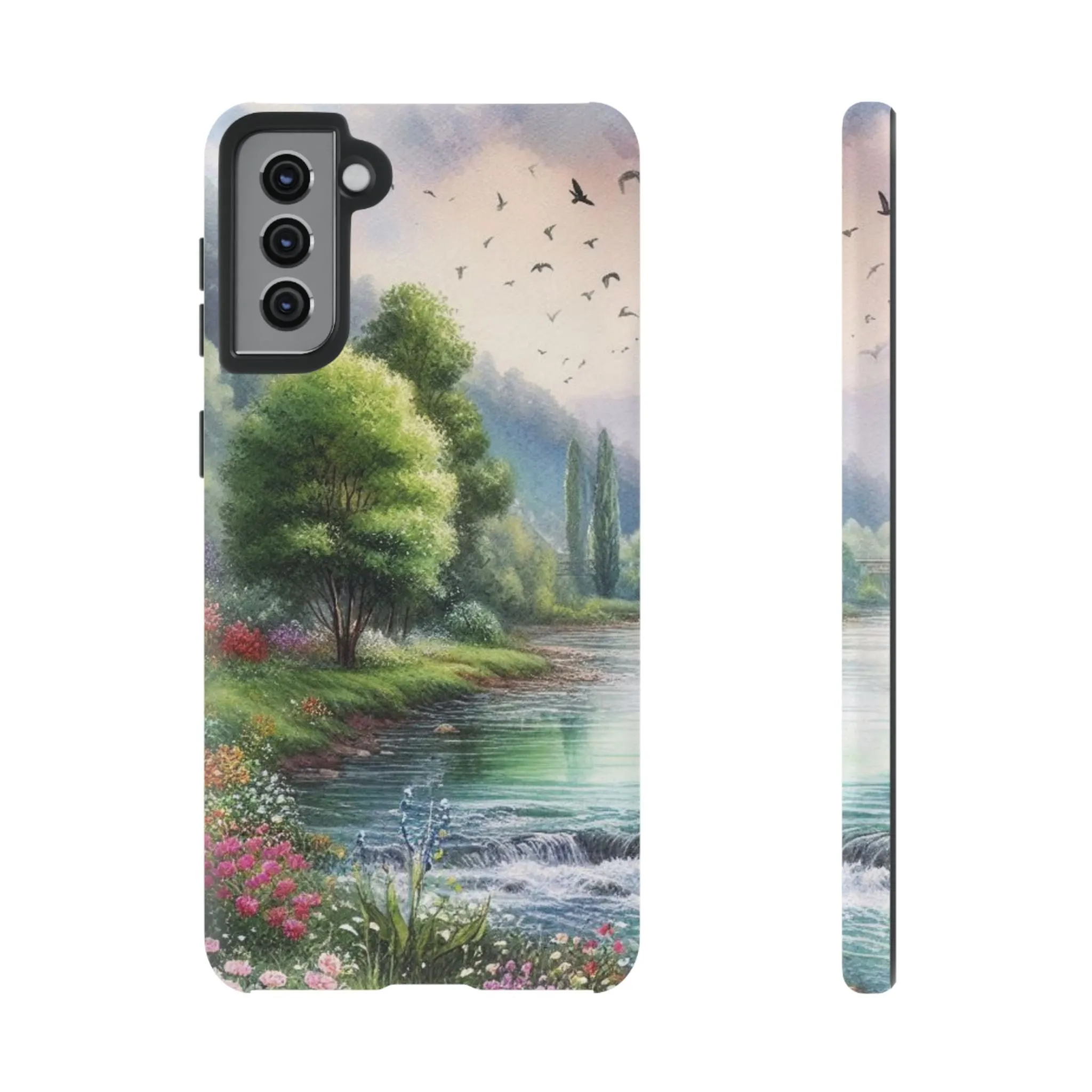 Colorful flowers and nature by a flowing river in spring watercolour effect Tough Cases
