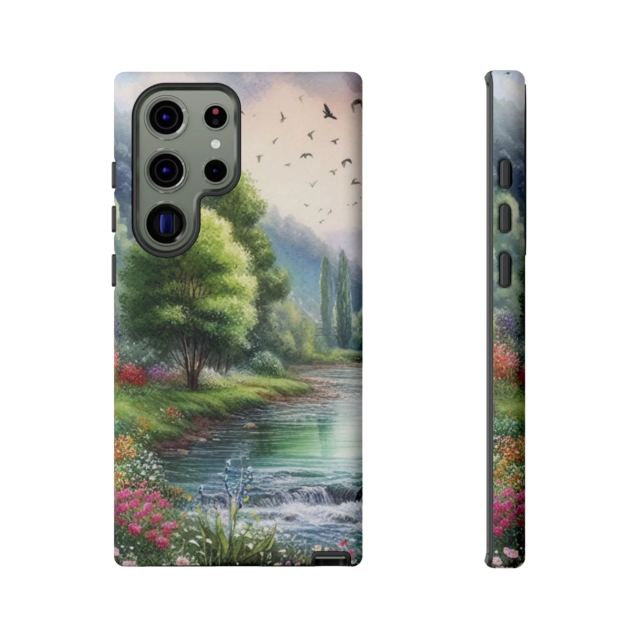 Colorful flowers and nature by a flowing river in spring watercolour effect Tough Cases