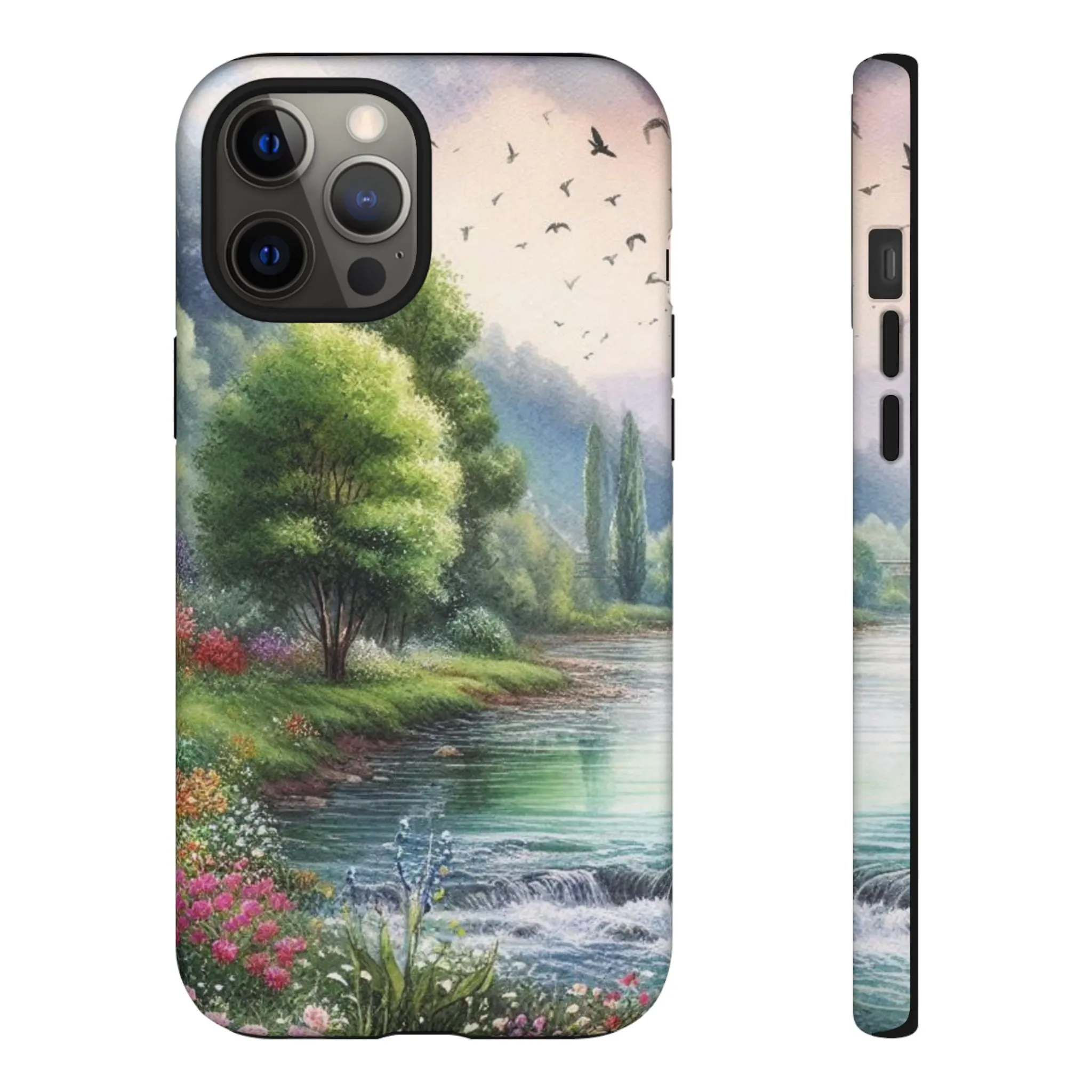 Colorful flowers and nature by a flowing river in spring watercolour effect Tough Cases