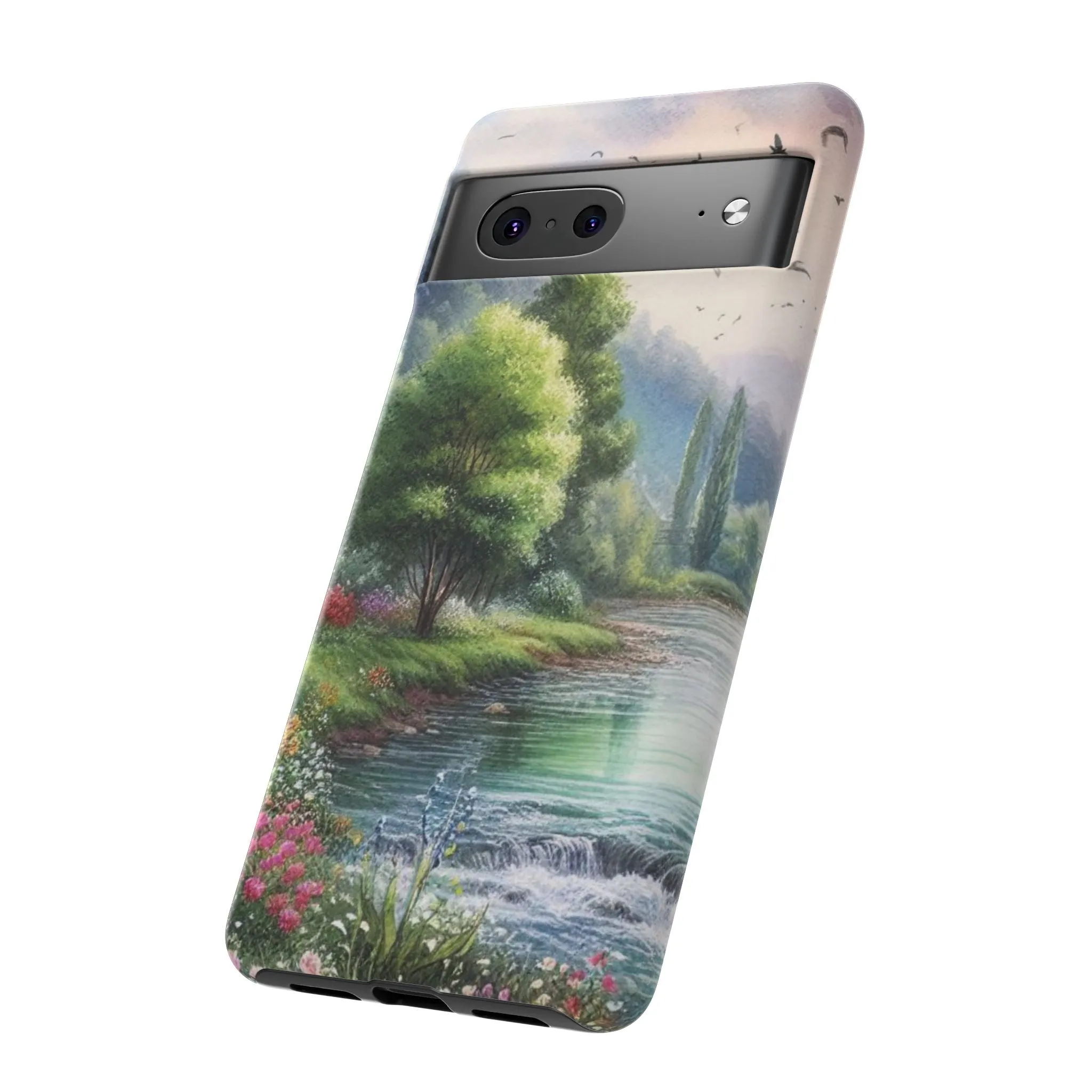 Colorful flowers and nature by a flowing river in spring watercolour effect Tough Cases