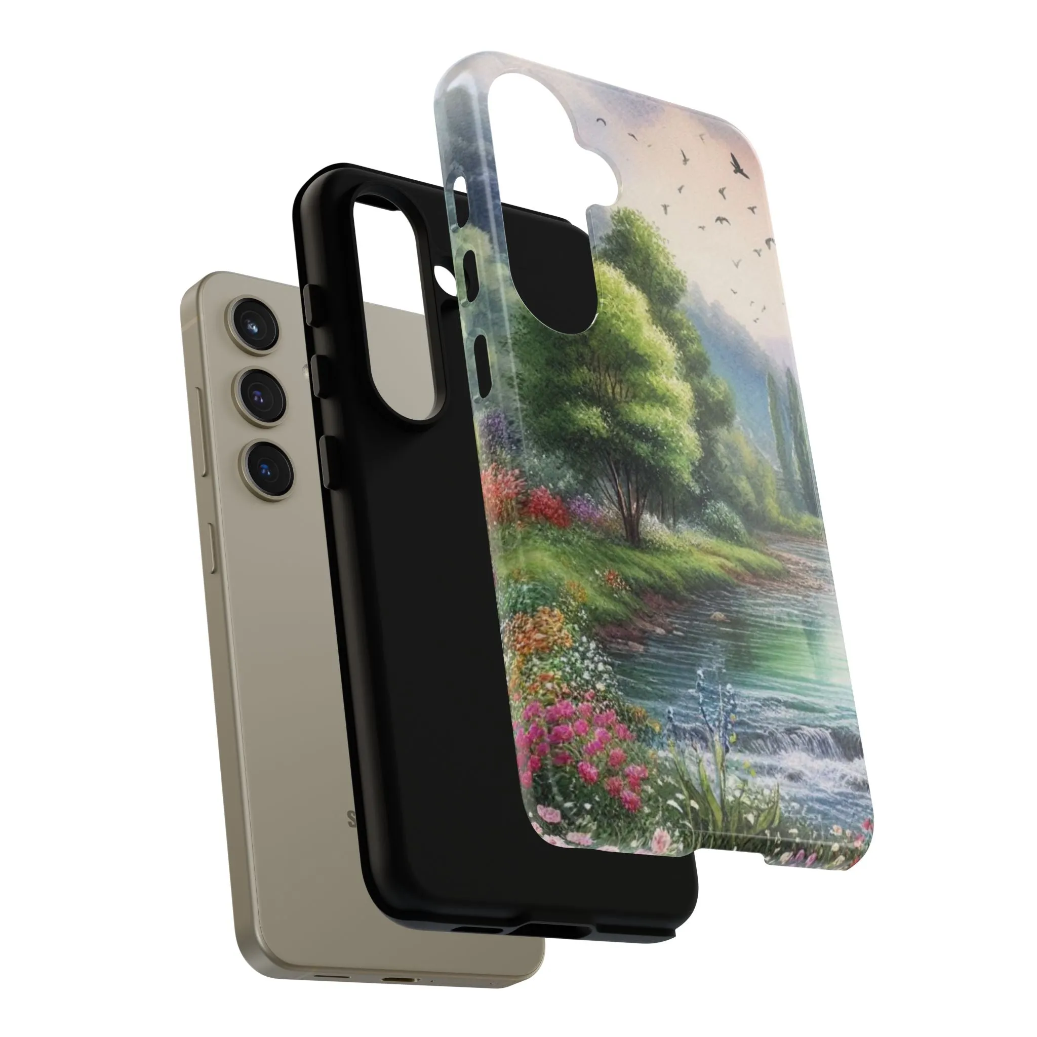 Colorful flowers and nature by a flowing river in spring watercolour effect Tough Cases