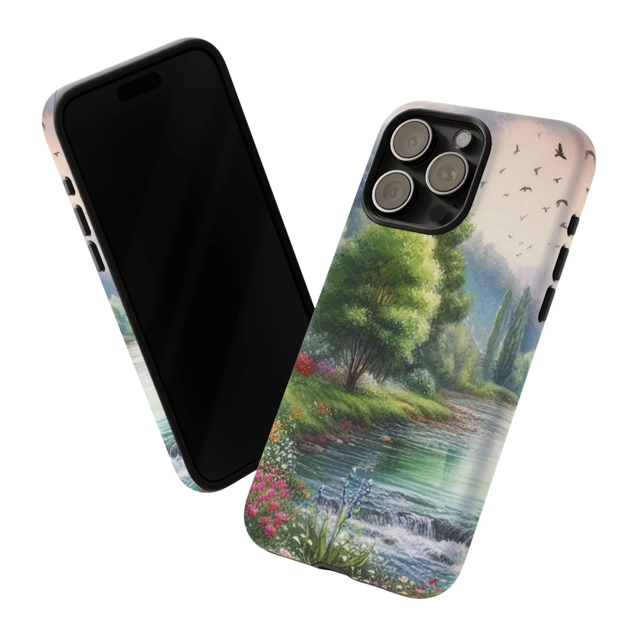 Colorful flowers and nature by a flowing river in spring watercolour effect Tough Cases