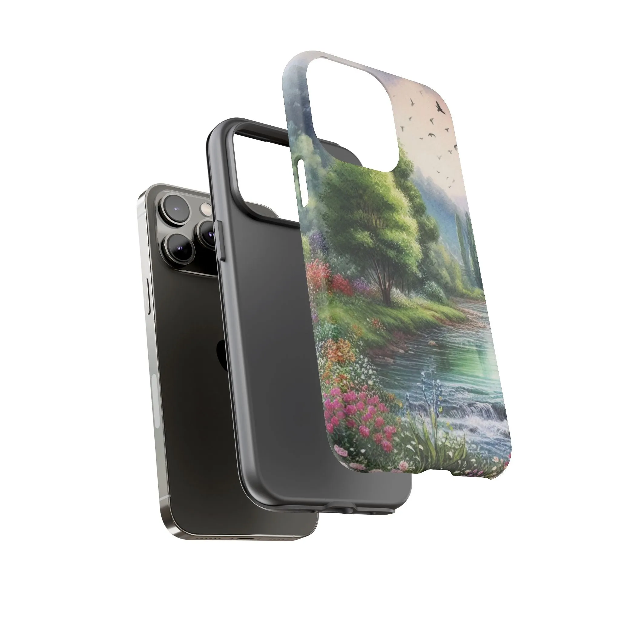Colorful flowers and nature by a flowing river in spring watercolour effect Tough Cases