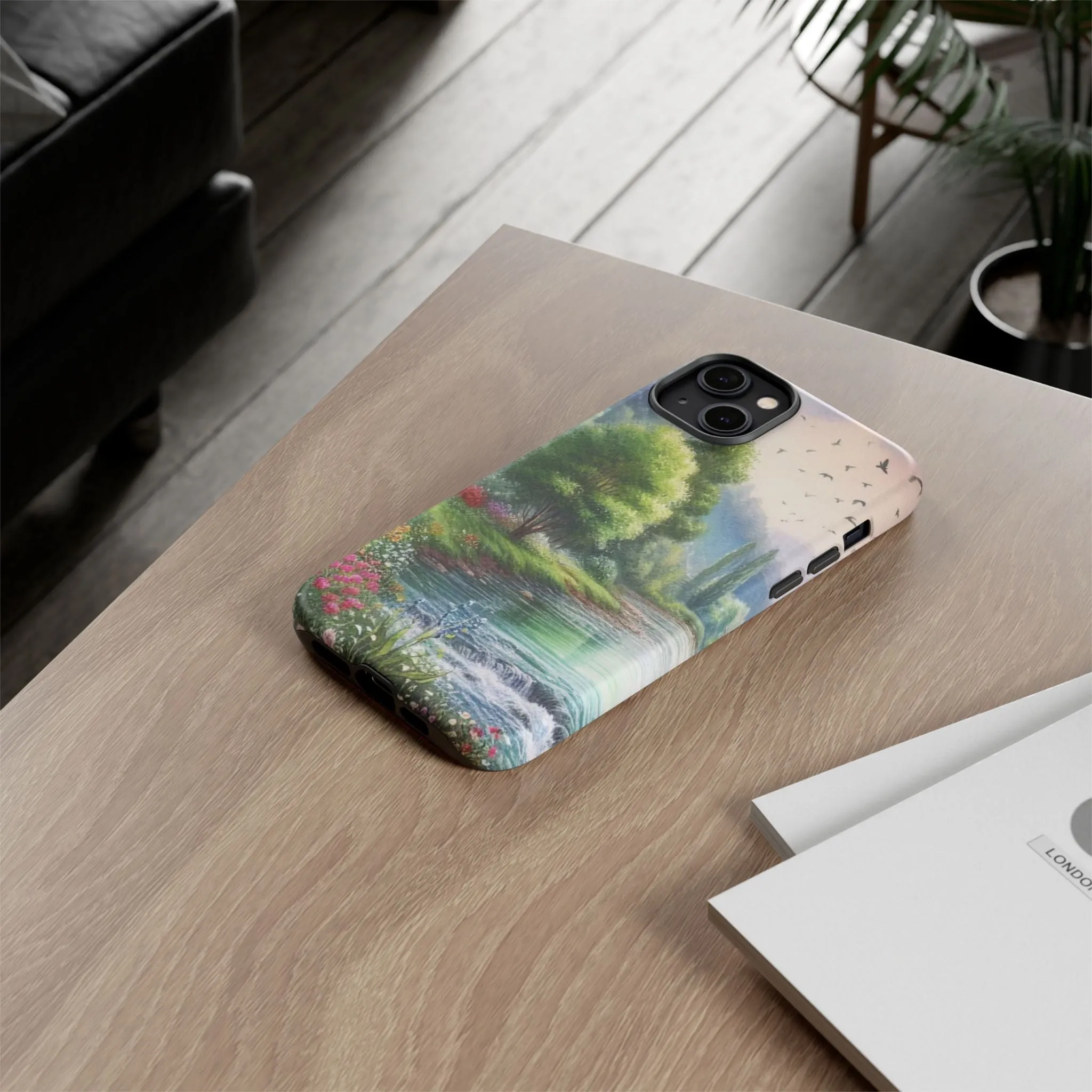 Colorful flowers and nature by a flowing river in spring watercolour effect Tough Cases
