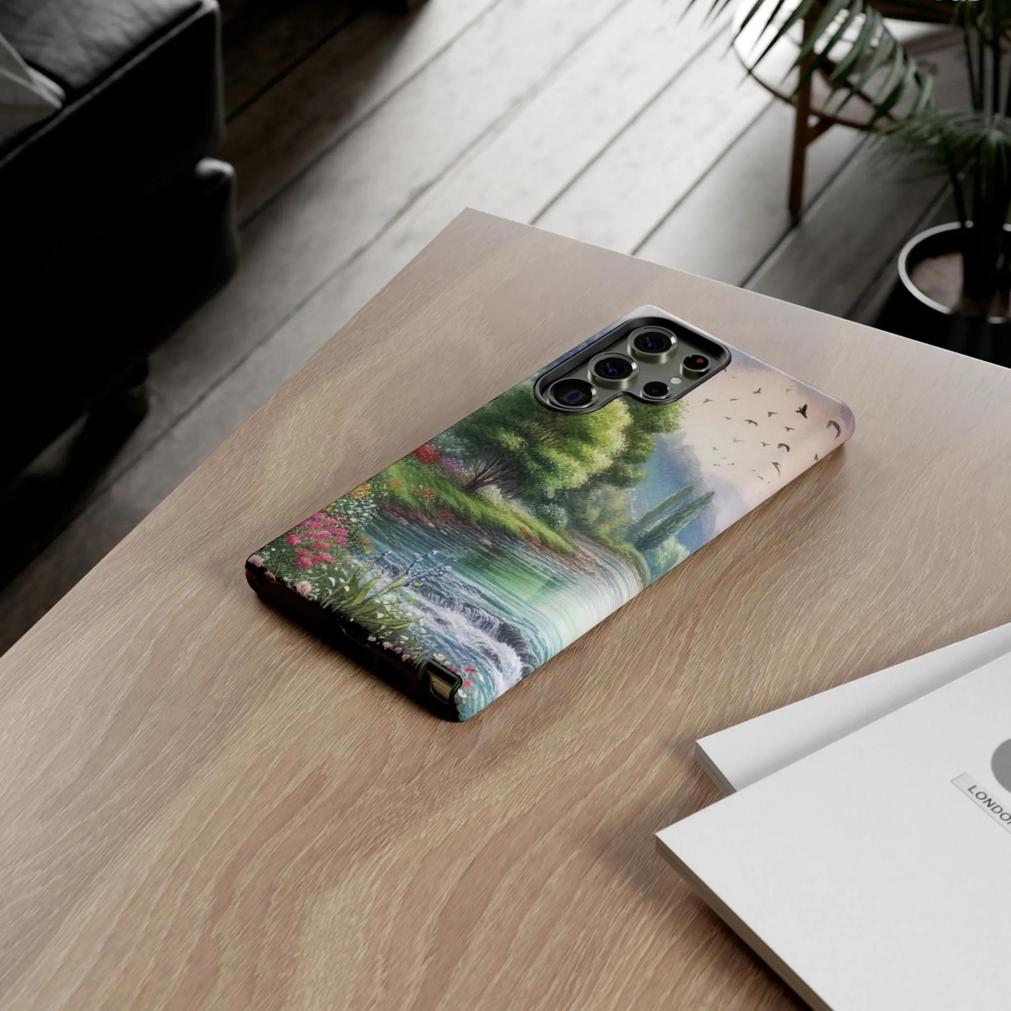 Colorful flowers and nature by a flowing river in spring watercolour effect Tough Cases
