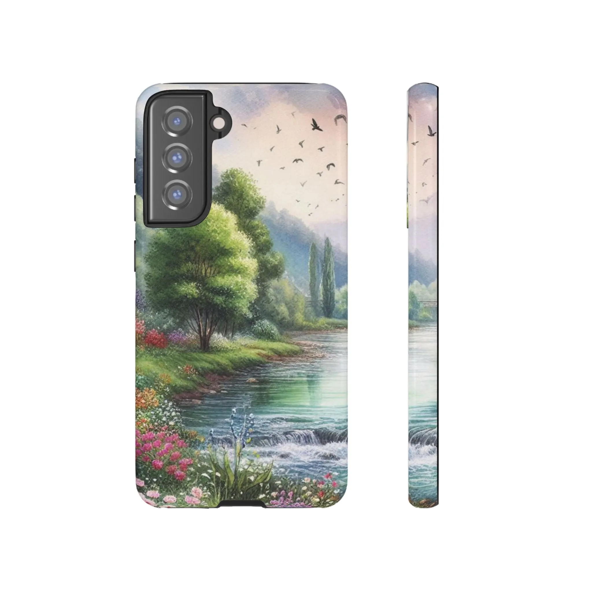 Colorful flowers and nature by a flowing river in spring watercolour effect Tough Cases