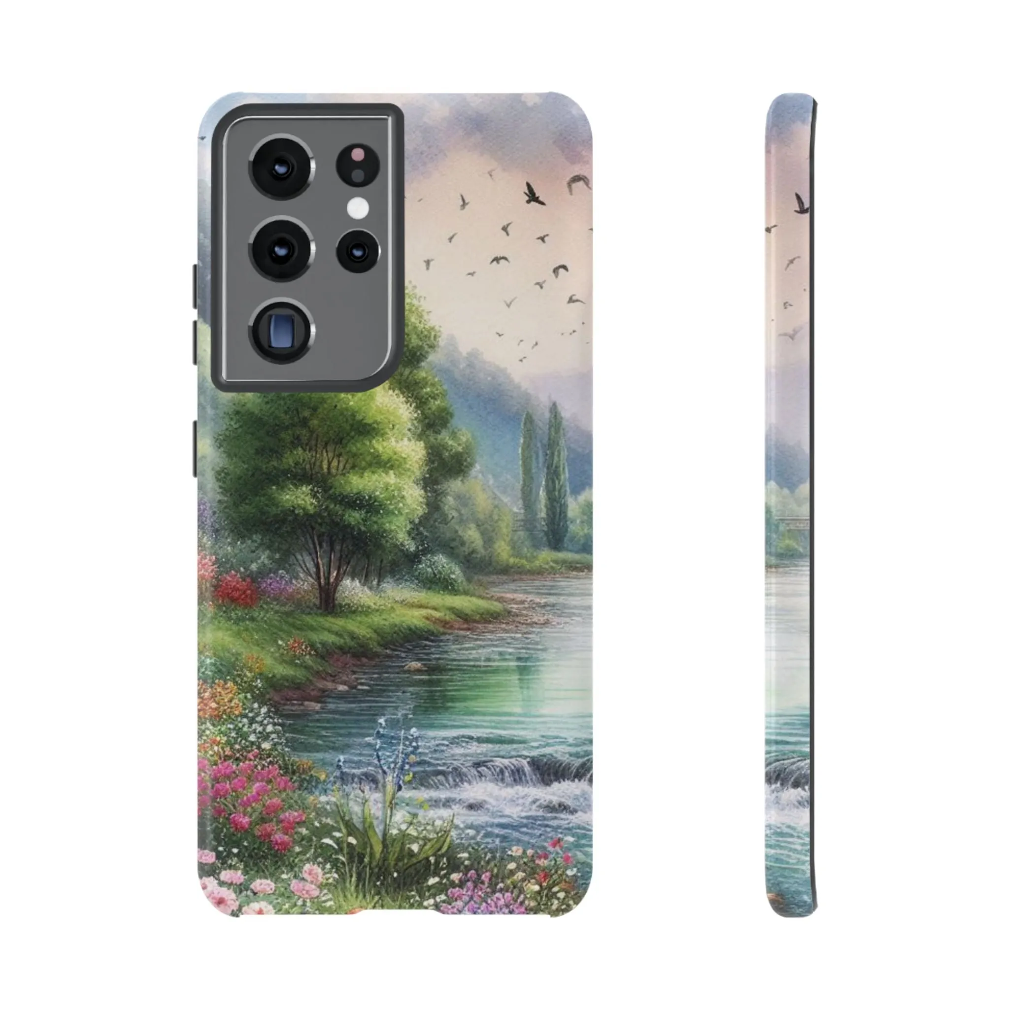 Colorful flowers and nature by a flowing river in spring watercolour effect Tough Cases