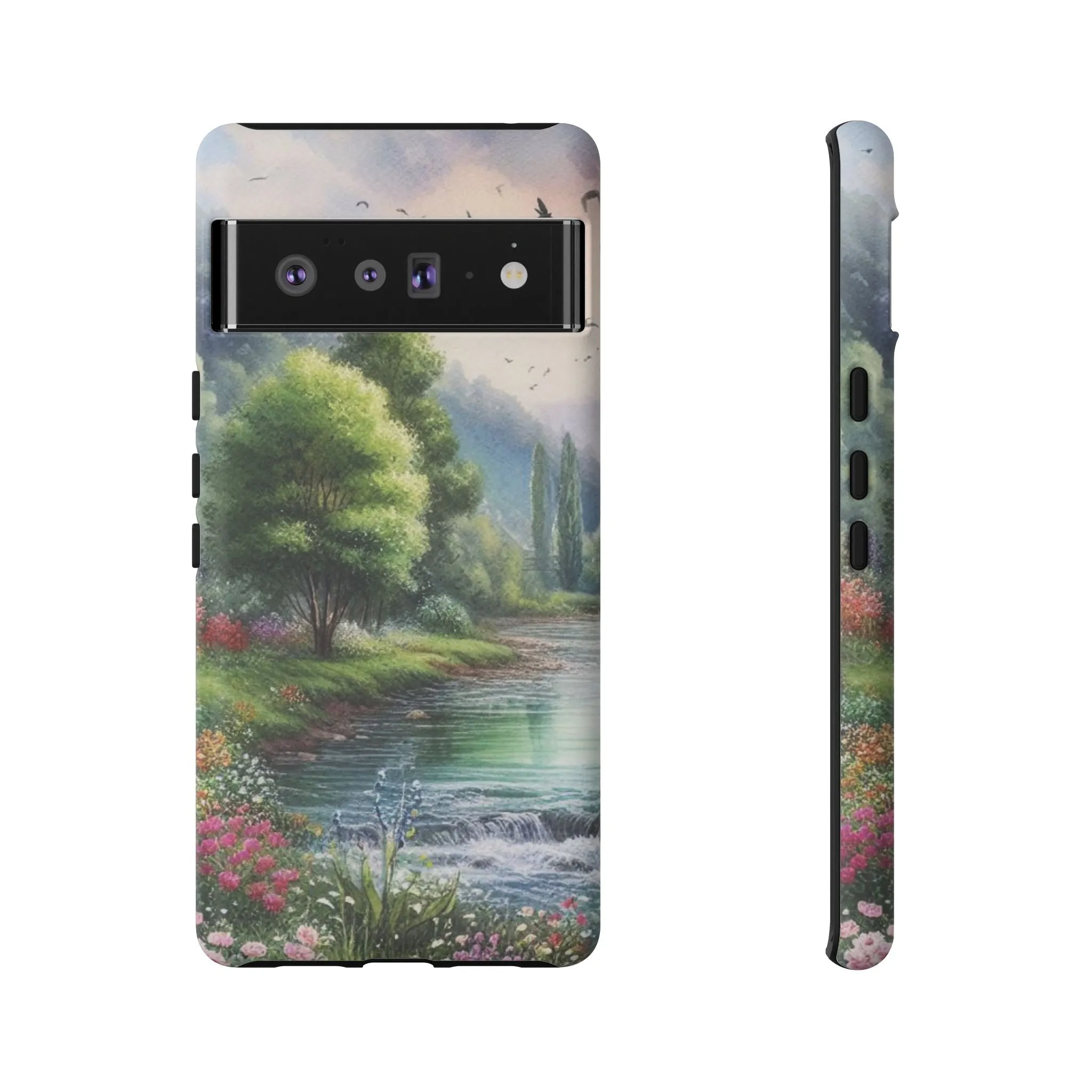 Colorful flowers and nature by a flowing river in spring watercolour effect Tough Cases