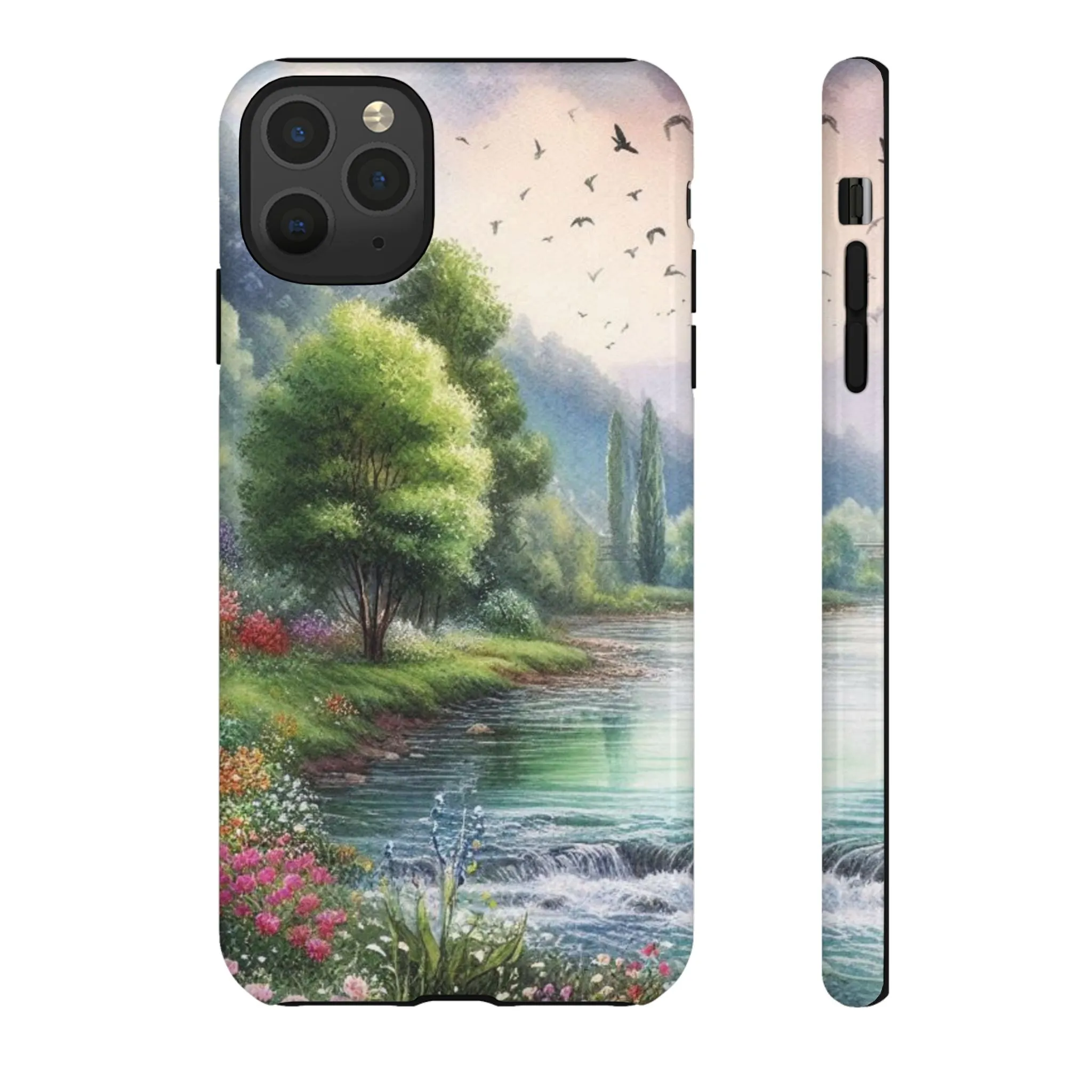 Colorful flowers and nature by a flowing river in spring watercolour effect Tough Cases