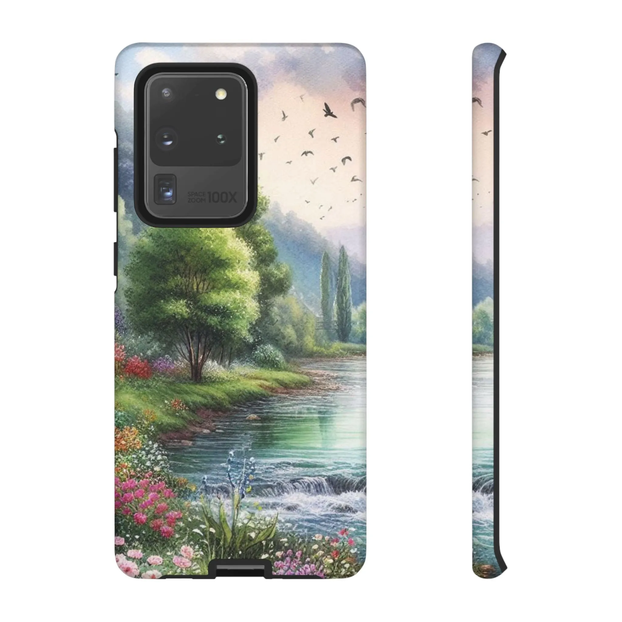 Colorful flowers and nature by a flowing river in spring watercolour effect Tough Cases