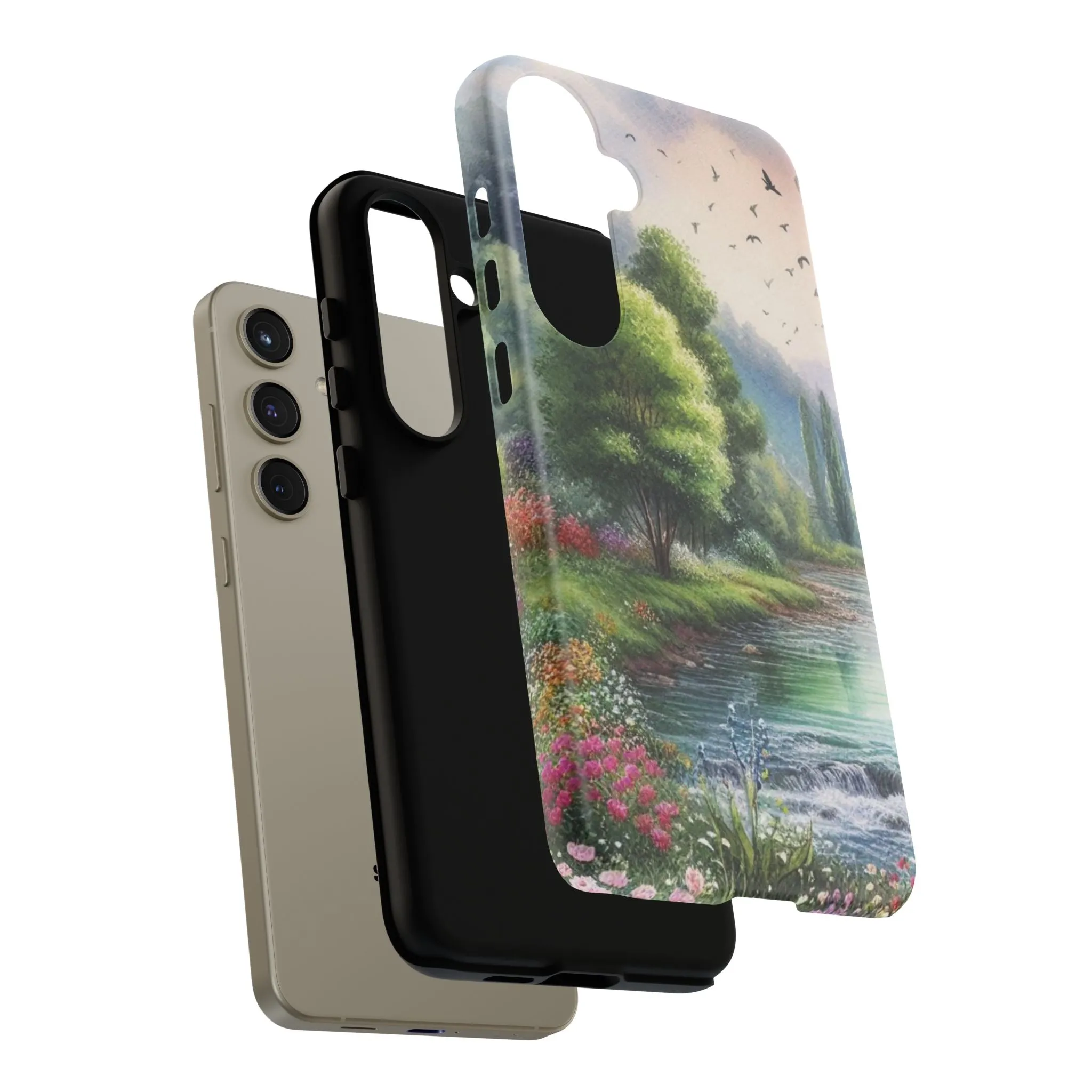 Colorful flowers and nature by a flowing river in spring watercolour effect Tough Cases