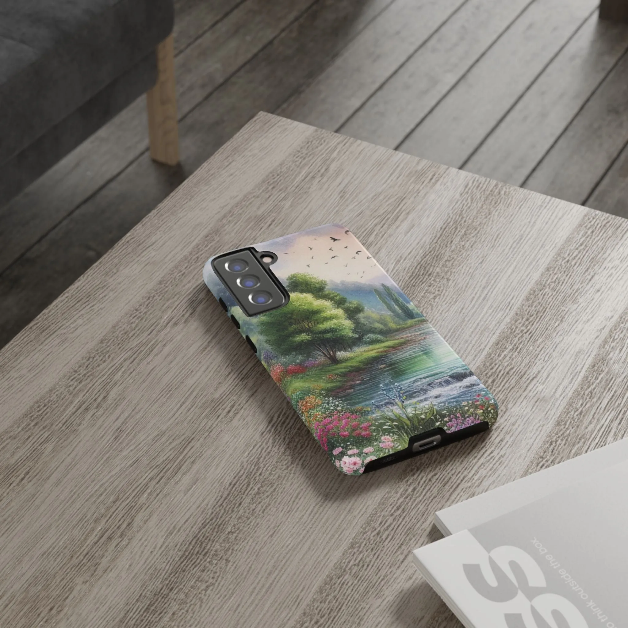 Colorful flowers and nature by a flowing river in spring watercolour effect Tough Cases