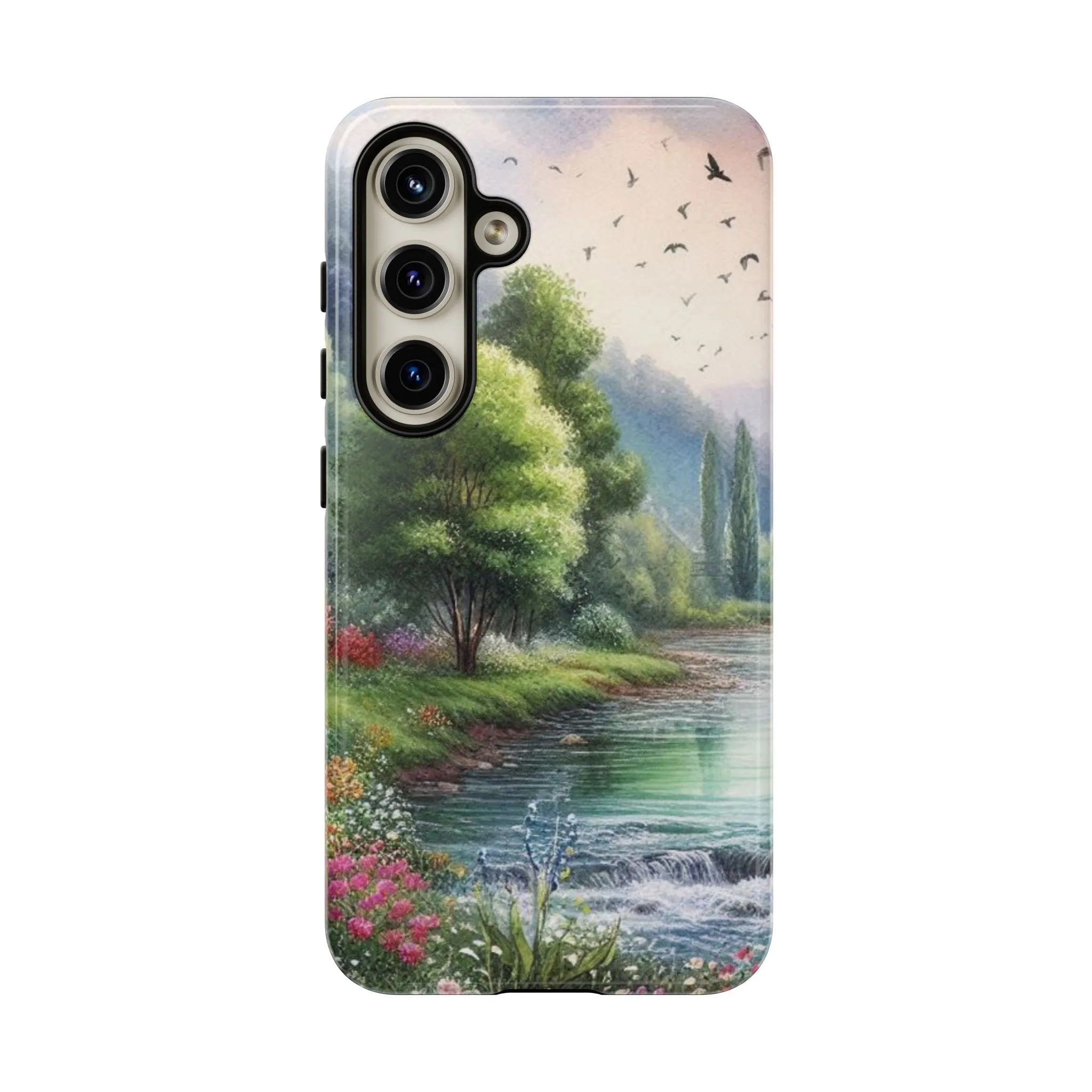 Colorful flowers and nature by a flowing river in spring watercolour effect Tough Cases