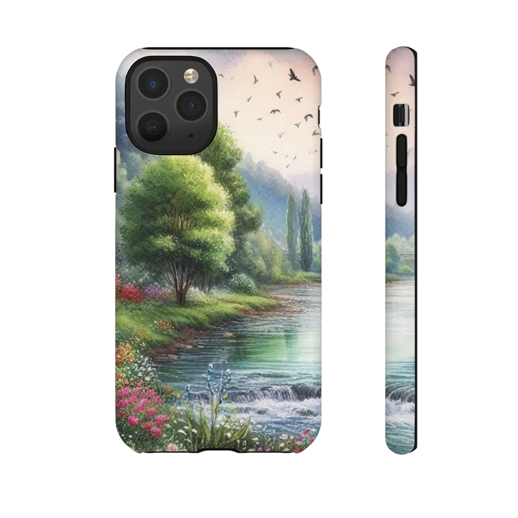 Colorful flowers and nature by a flowing river in spring watercolour effect Tough Cases