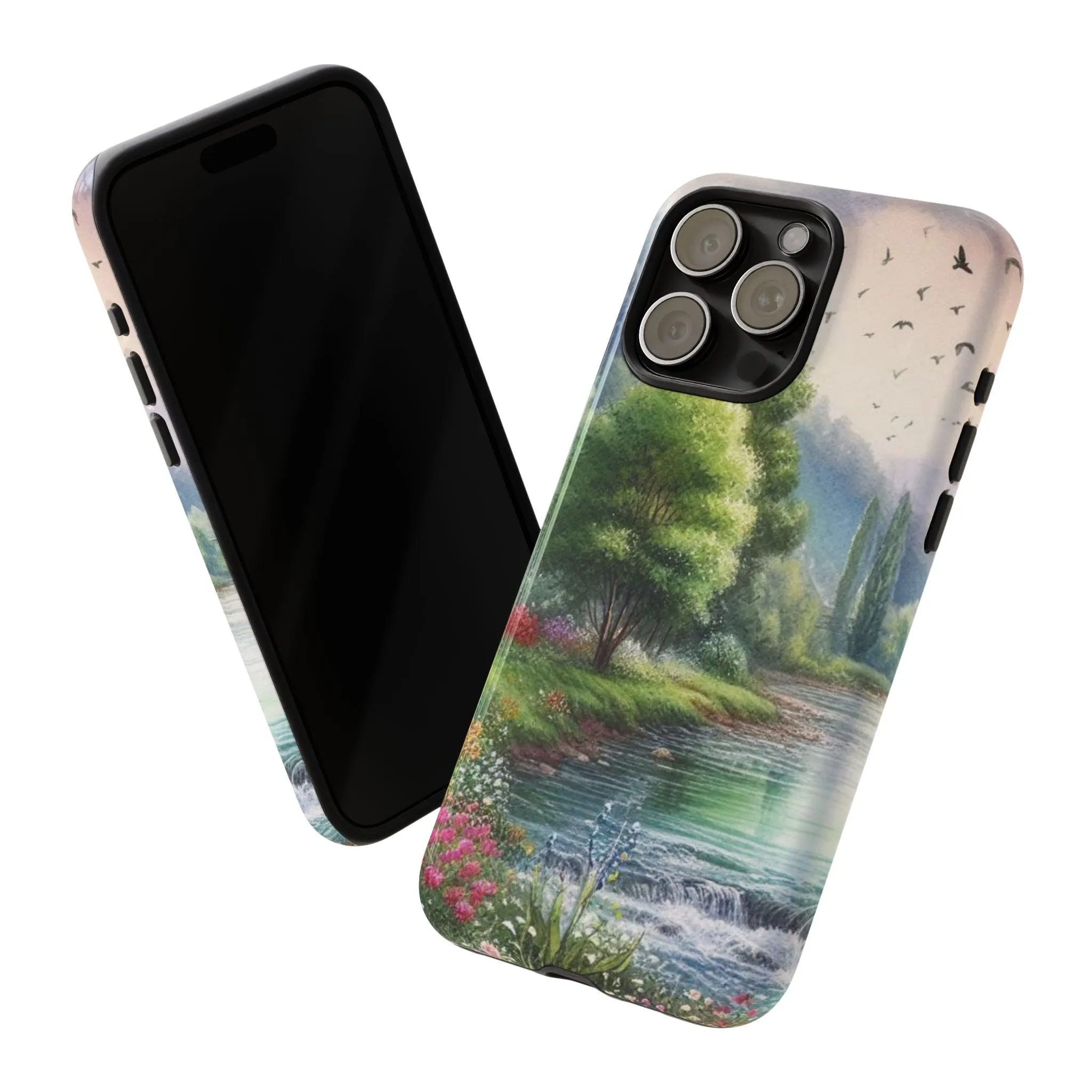 Colorful flowers and nature by a flowing river in spring watercolour effect Tough Cases