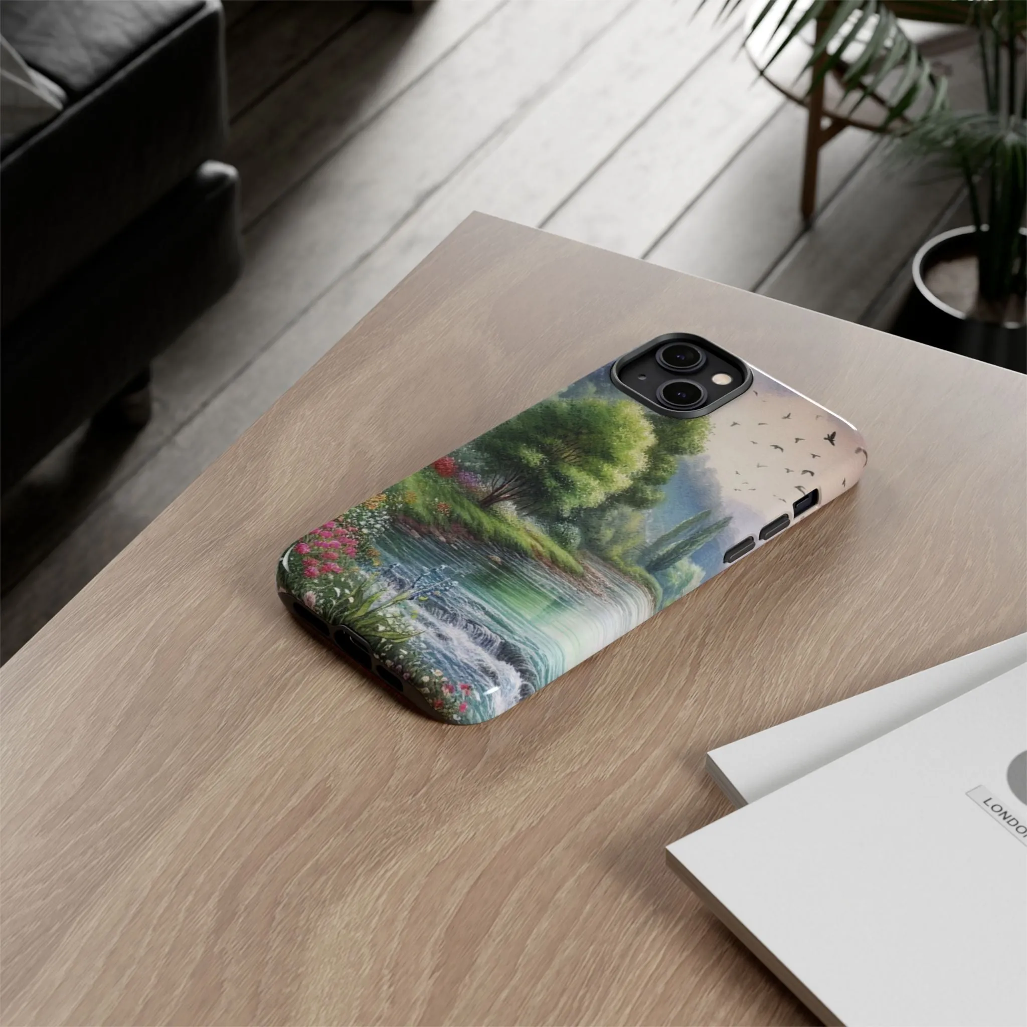Colorful flowers and nature by a flowing river in spring watercolour effect Tough Cases