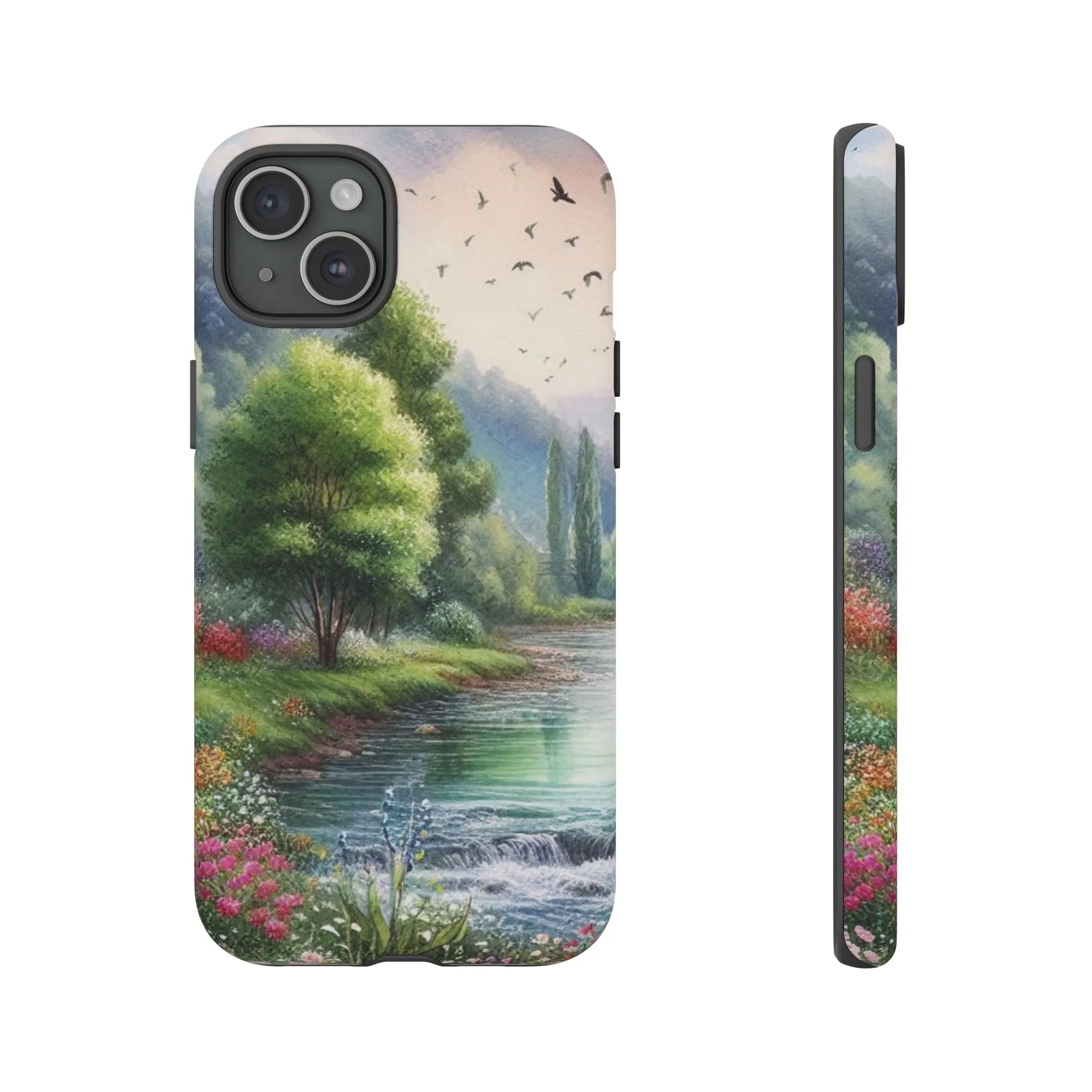 Colorful flowers and nature by a flowing river in spring watercolour effect Tough Cases