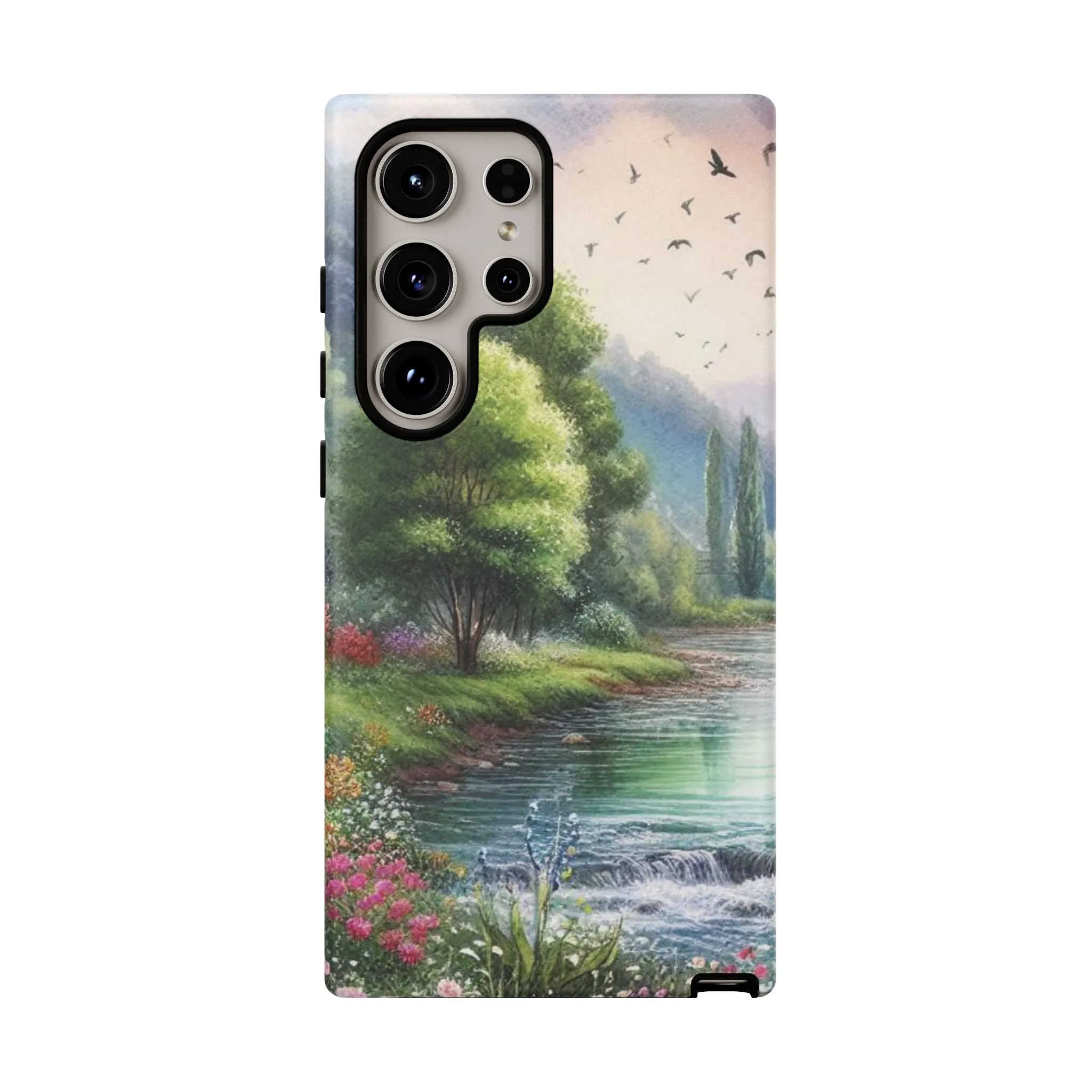 Colorful flowers and nature by a flowing river in spring watercolour effect Tough Cases