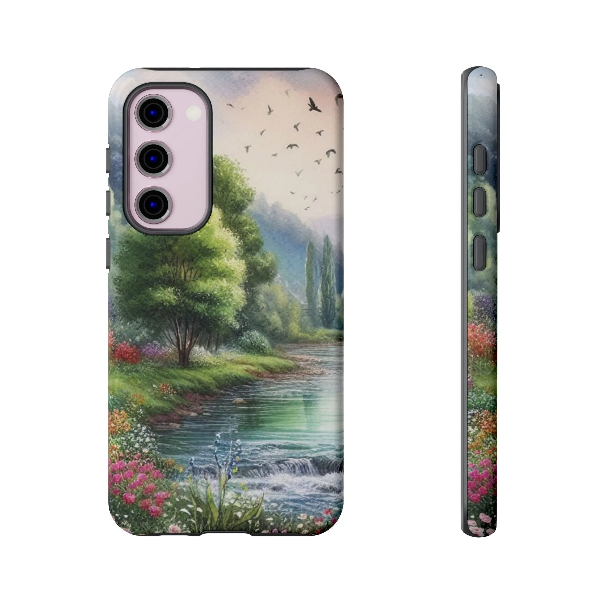 Colorful flowers and nature by a flowing river in spring watercolour effect Tough Cases