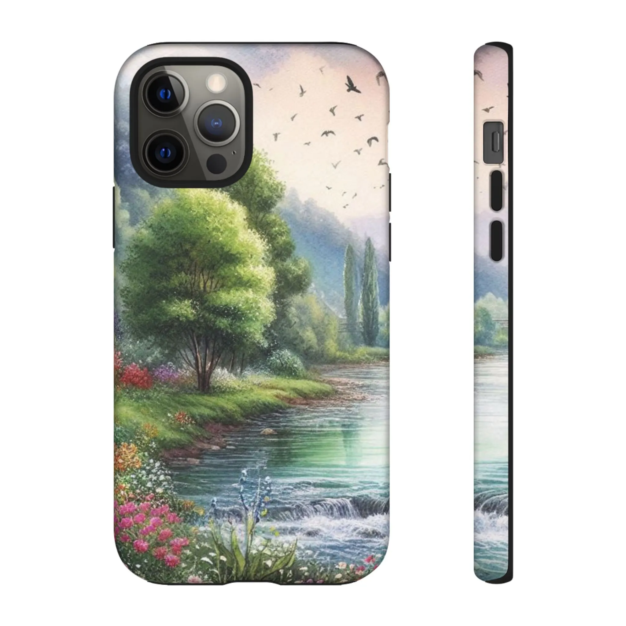 Colorful flowers and nature by a flowing river in spring watercolour effect Tough Cases