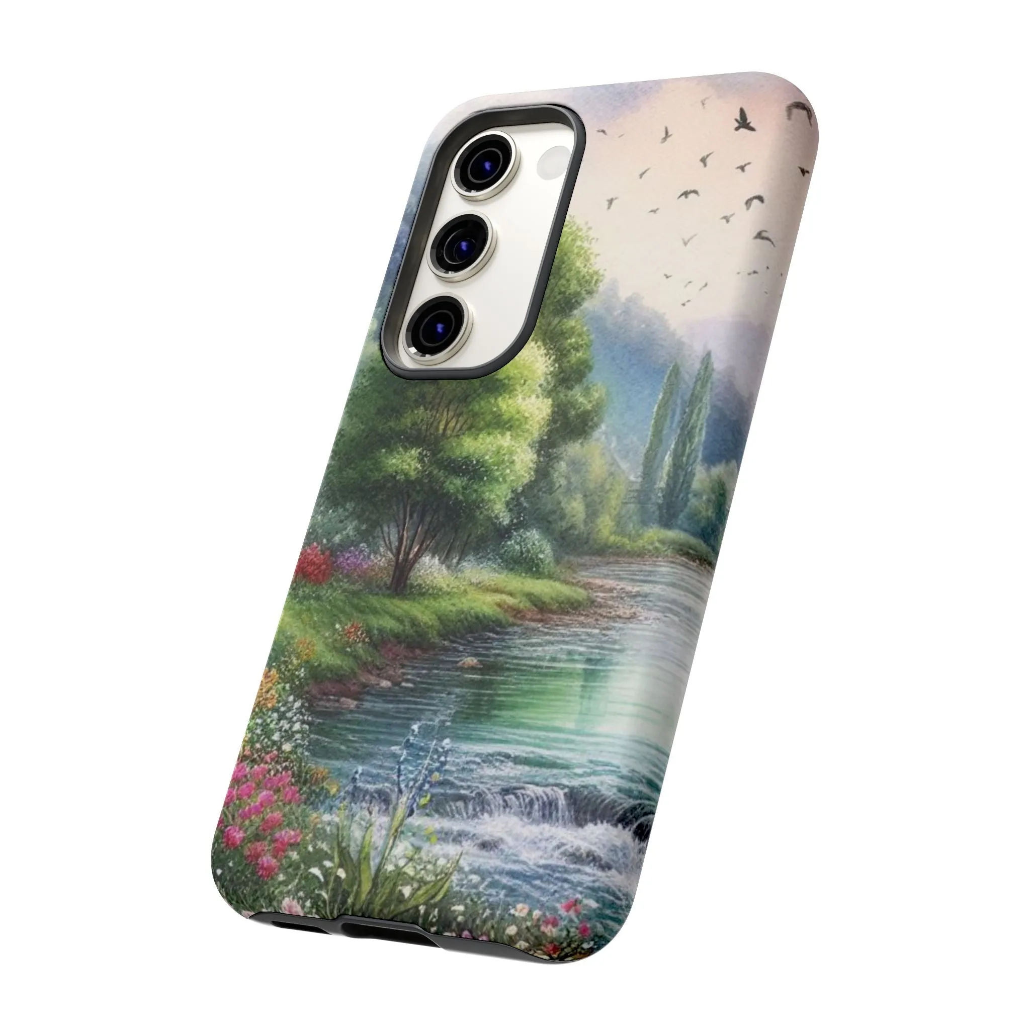 Colorful flowers and nature by a flowing river in spring watercolour effect Tough Cases