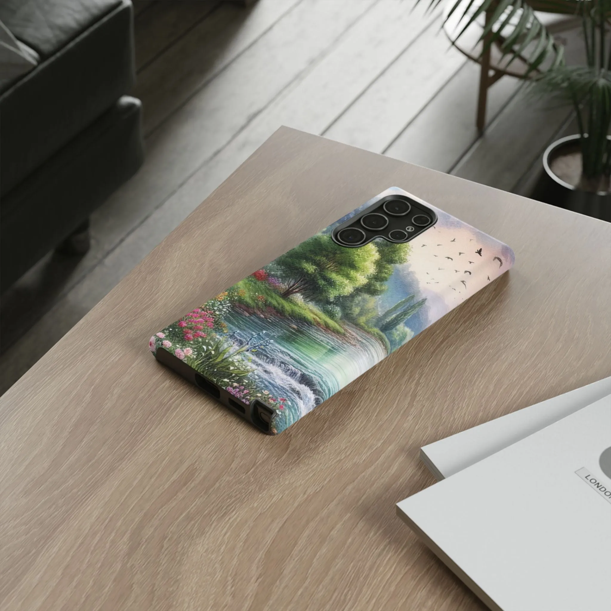 Colorful flowers and nature by a flowing river in spring watercolour effect Tough Cases