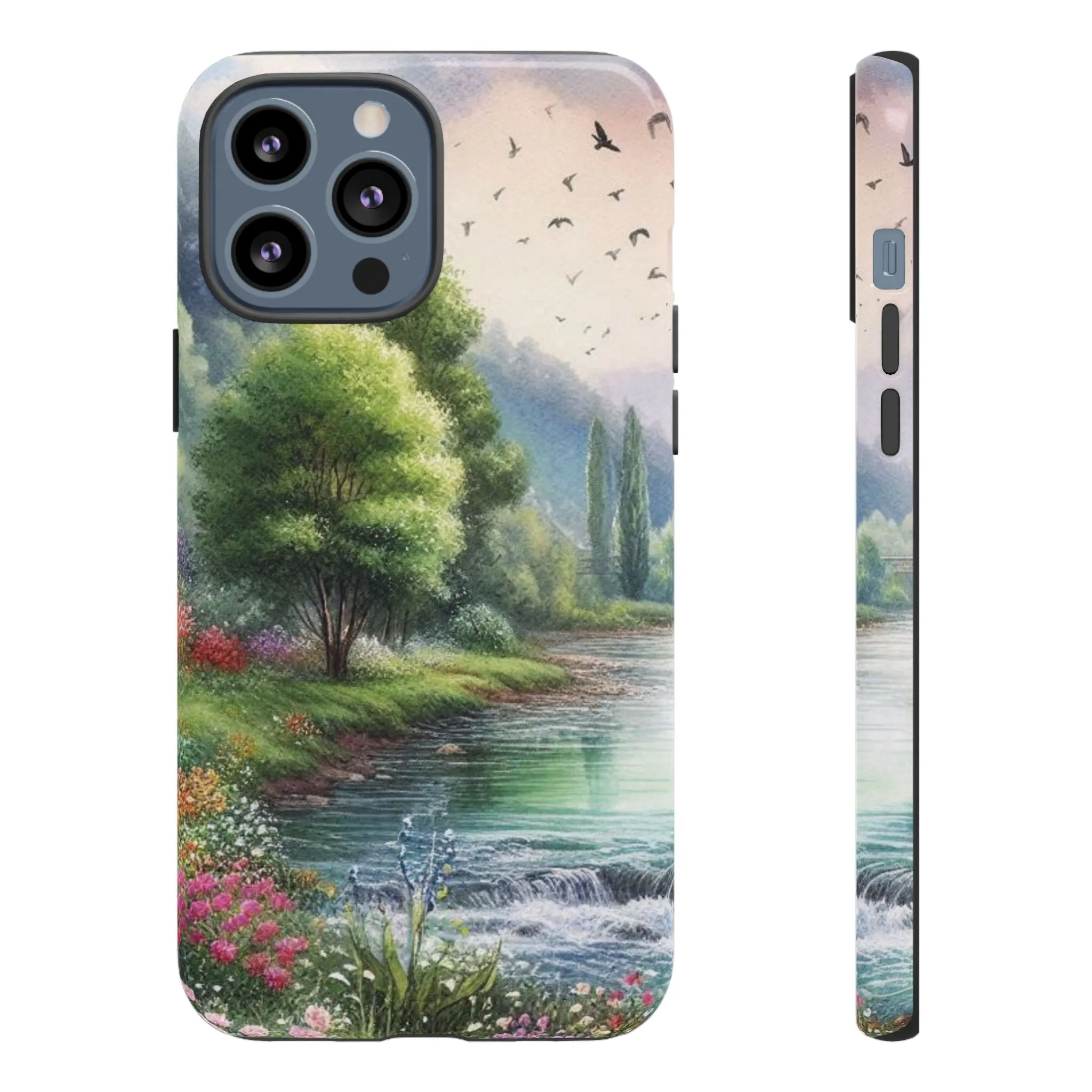 Colorful flowers and nature by a flowing river in spring watercolour effect Tough Cases