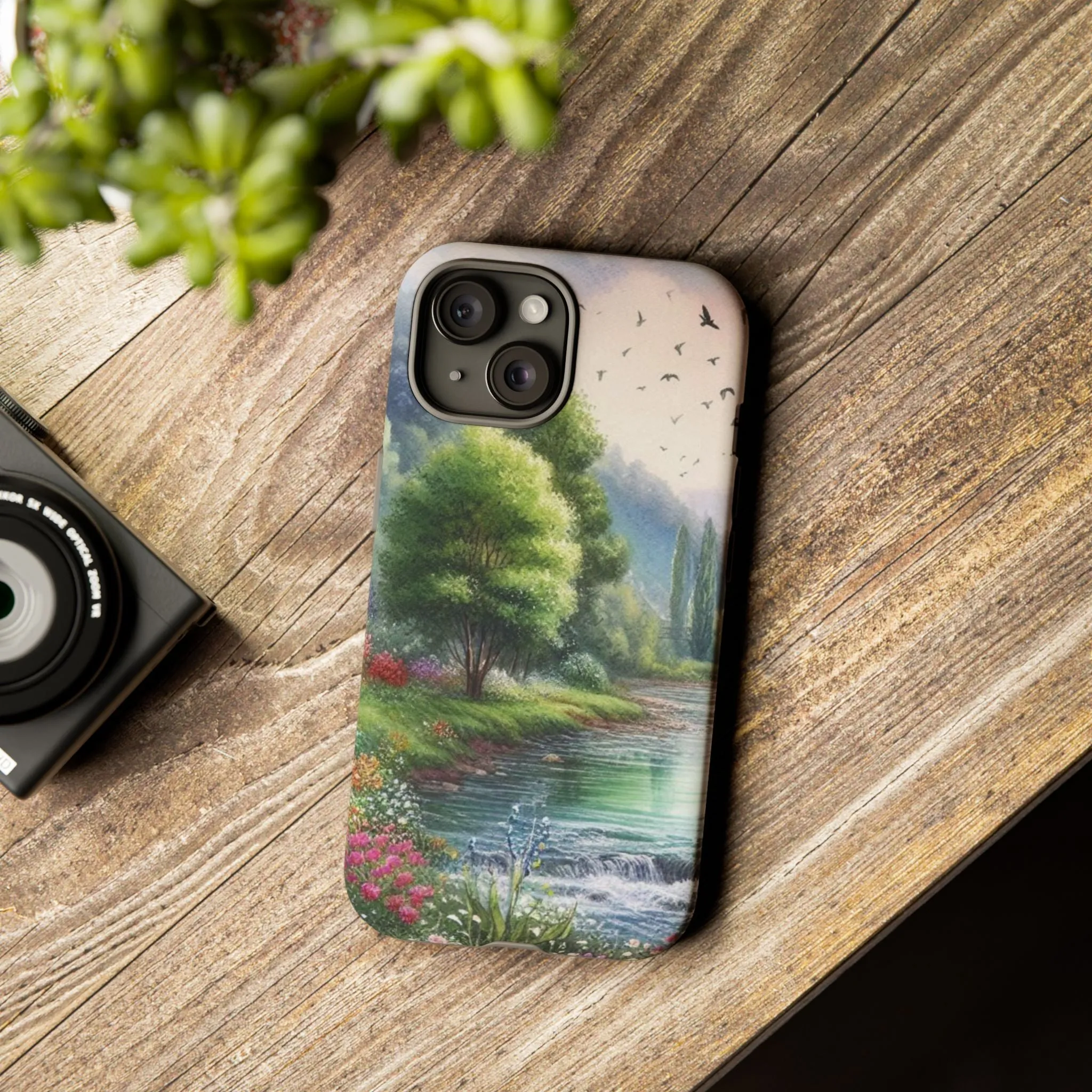 Colorful flowers and nature by a flowing river in spring watercolour effect Tough Cases