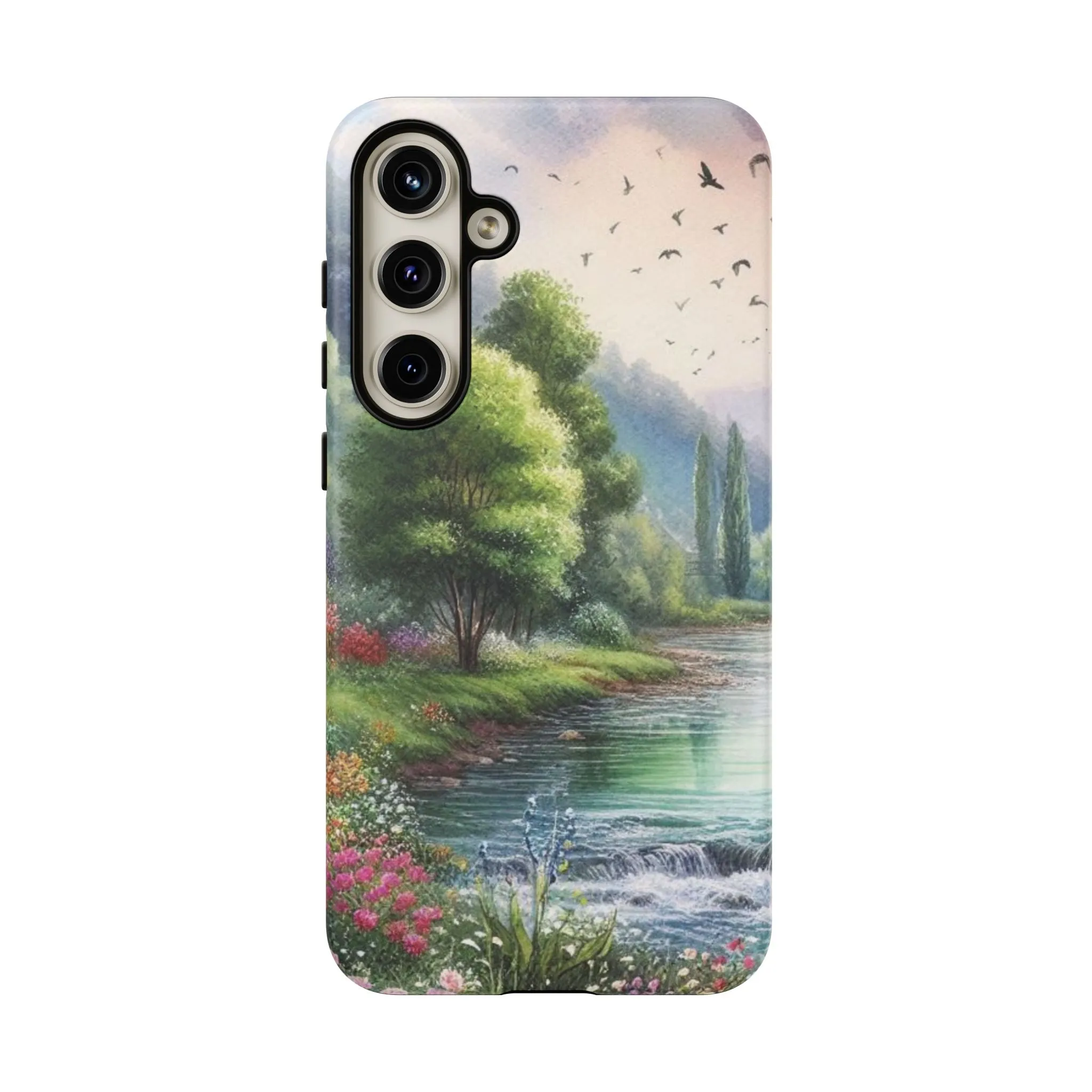 Colorful flowers and nature by a flowing river in spring watercolour effect Tough Cases