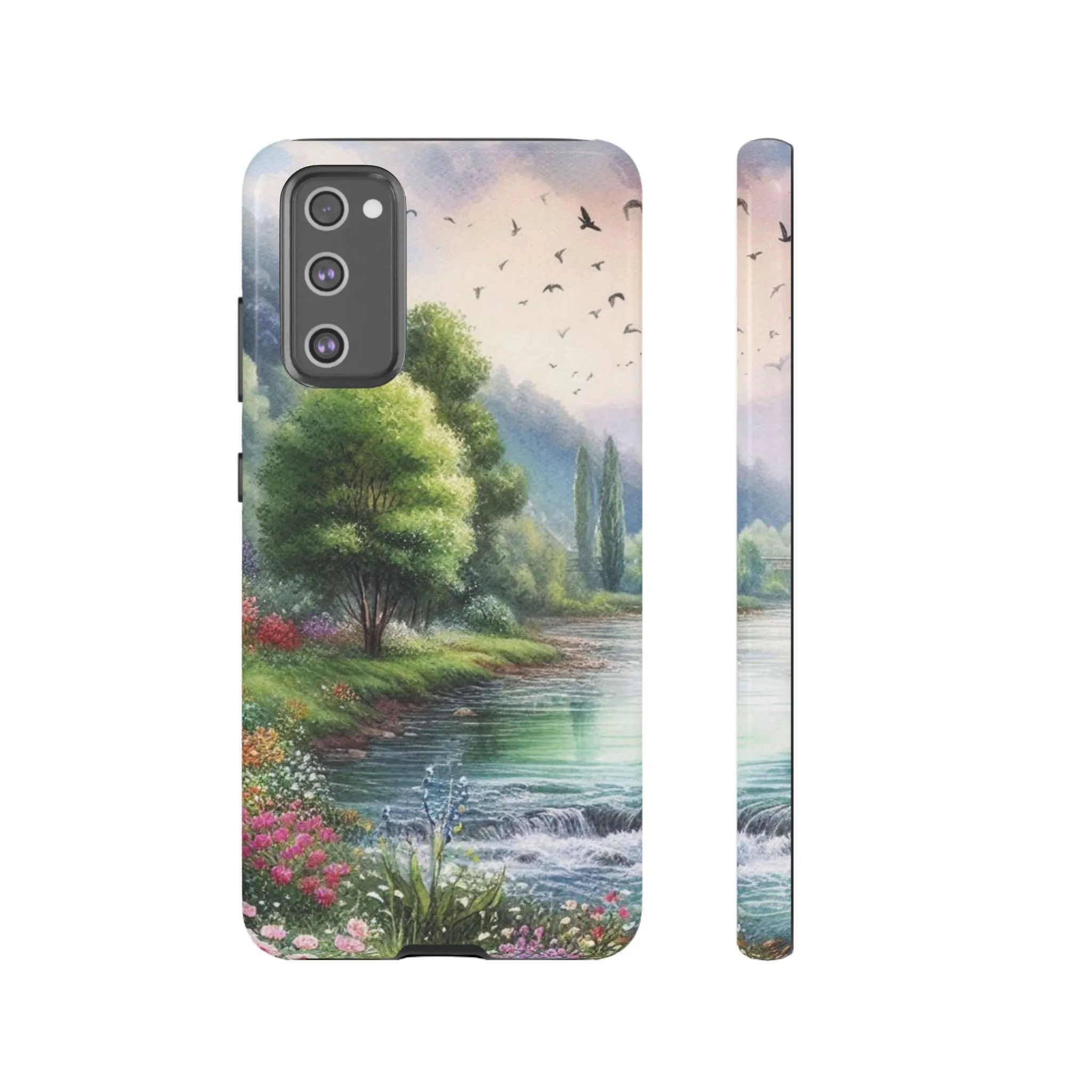 Colorful flowers and nature by a flowing river in spring watercolour effect Tough Cases