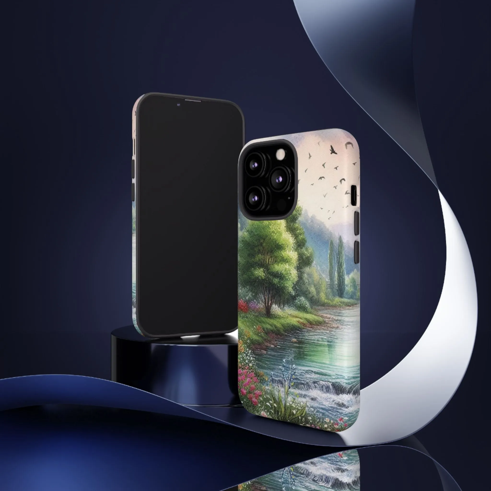 Colorful flowers and nature by a flowing river in spring watercolour effect Tough Cases