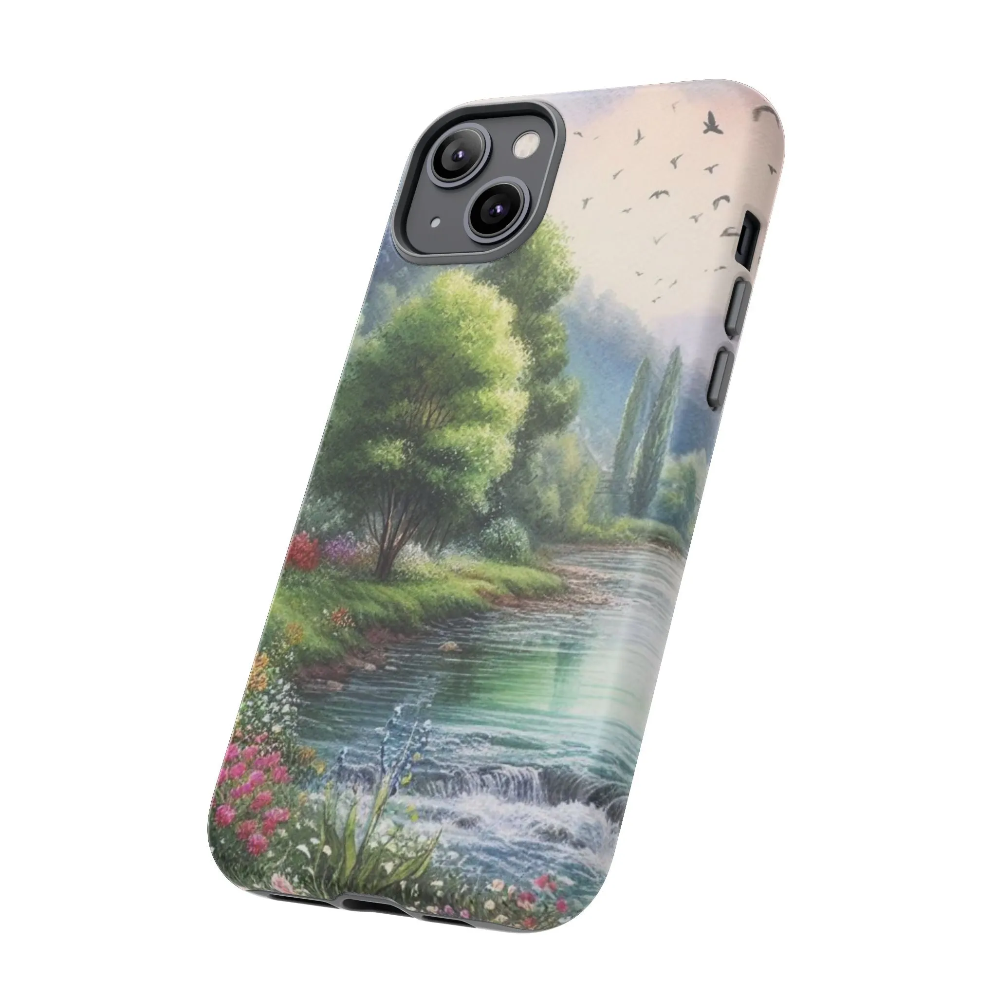 Colorful flowers and nature by a flowing river in spring watercolour effect Tough Cases