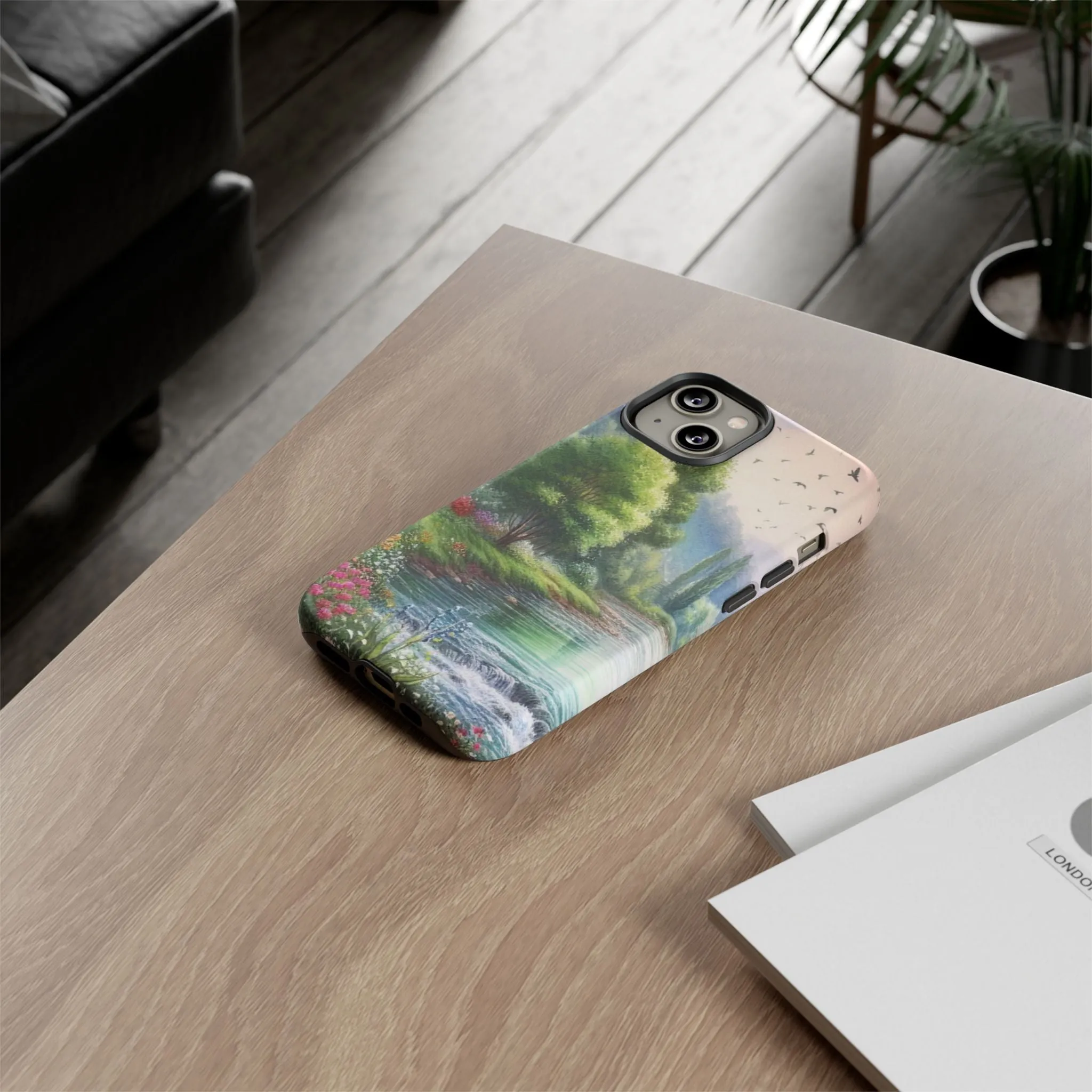 Colorful flowers and nature by a flowing river in spring watercolour effect Tough Cases