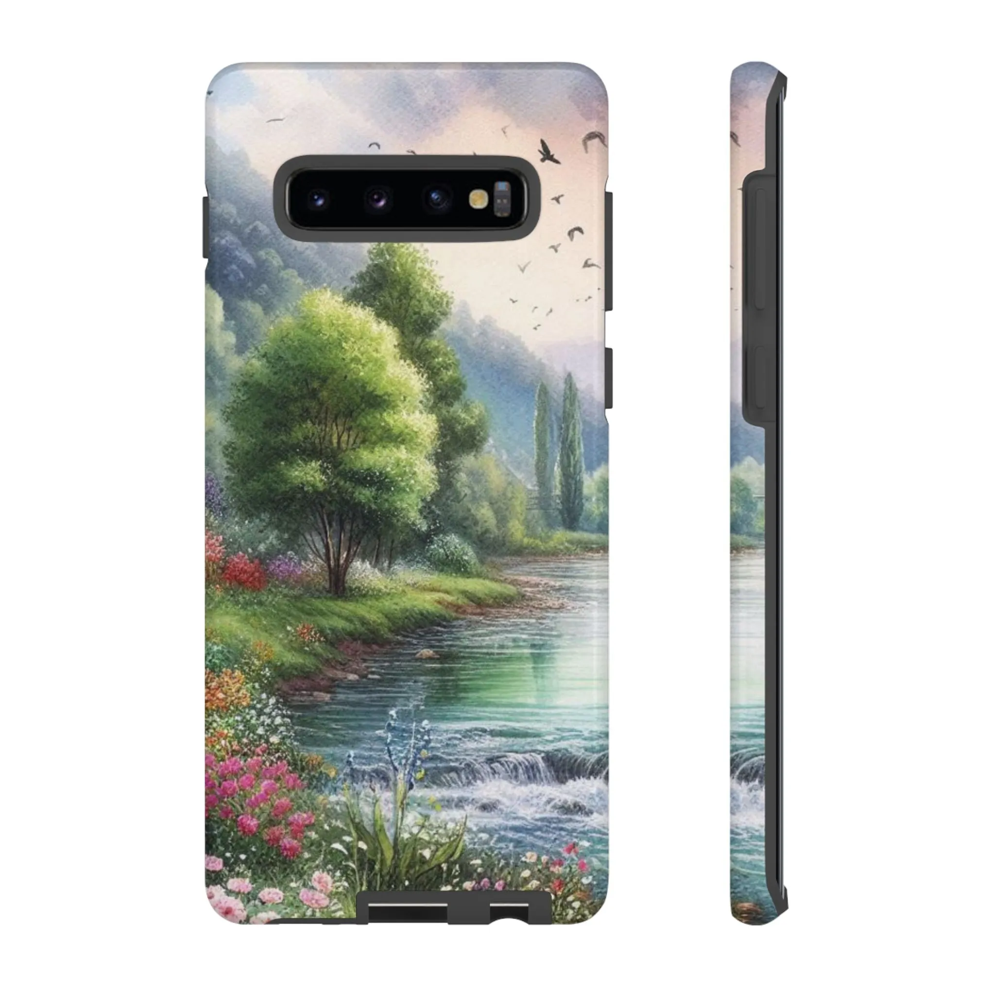 Colorful flowers and nature by a flowing river in spring watercolour effect Tough Cases