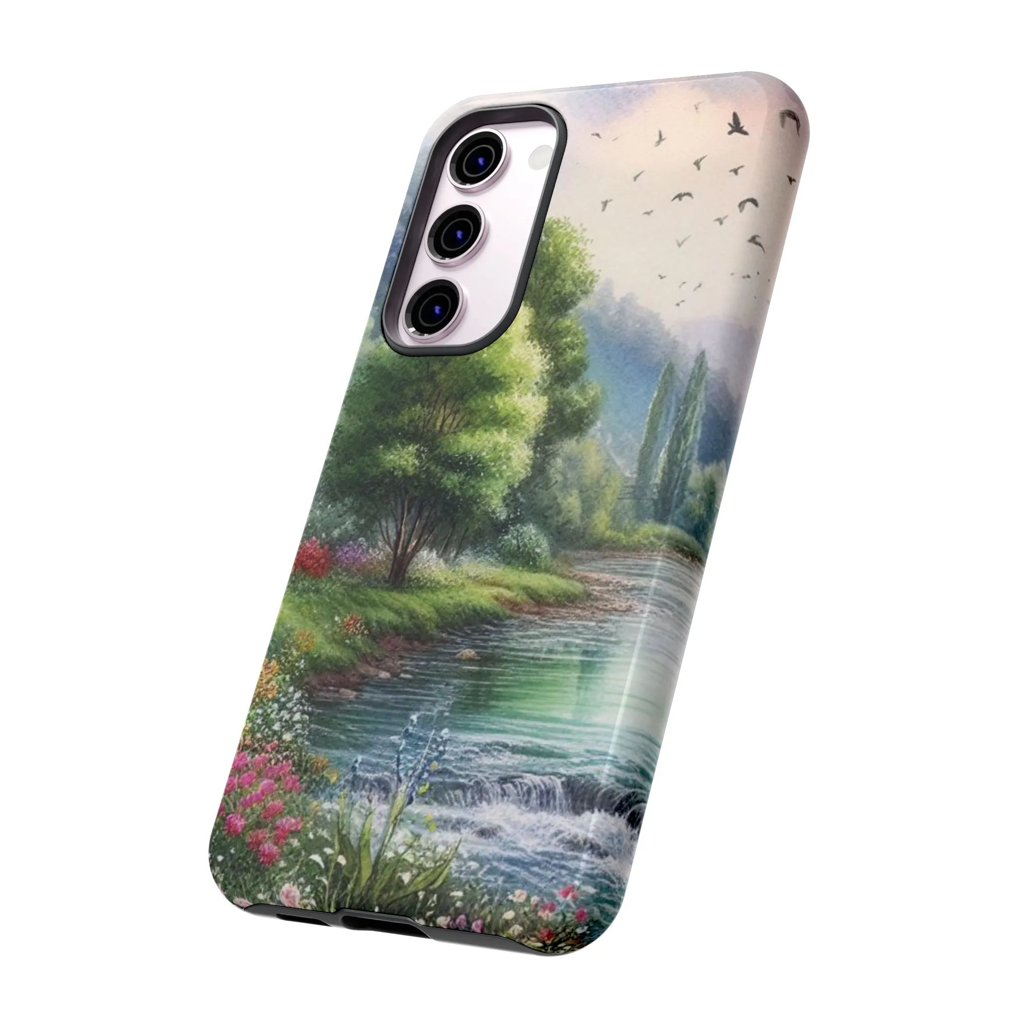 Colorful flowers and nature by a flowing river in spring watercolour effect Tough Cases