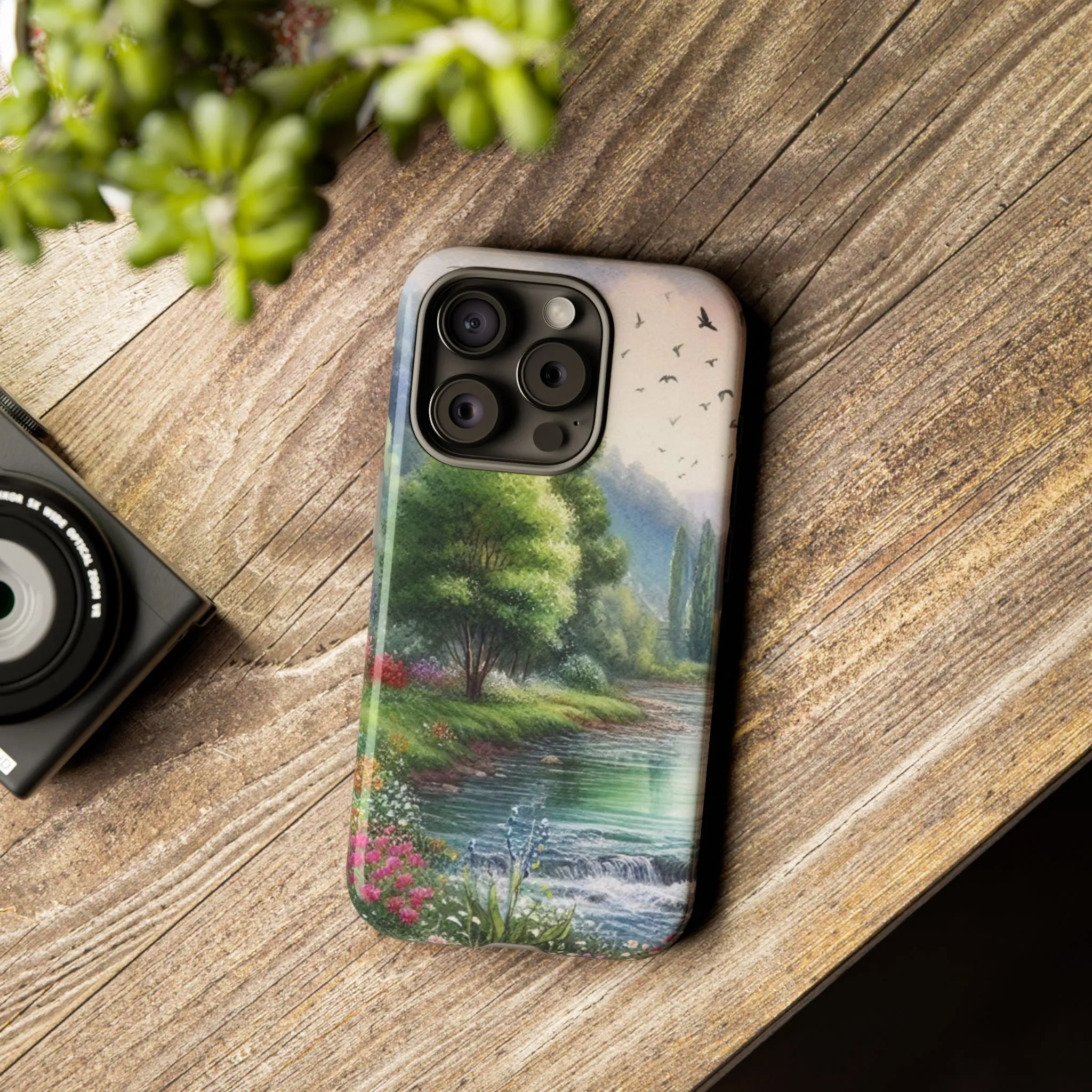 Colorful flowers and nature by a flowing river in spring watercolour effect Tough Cases