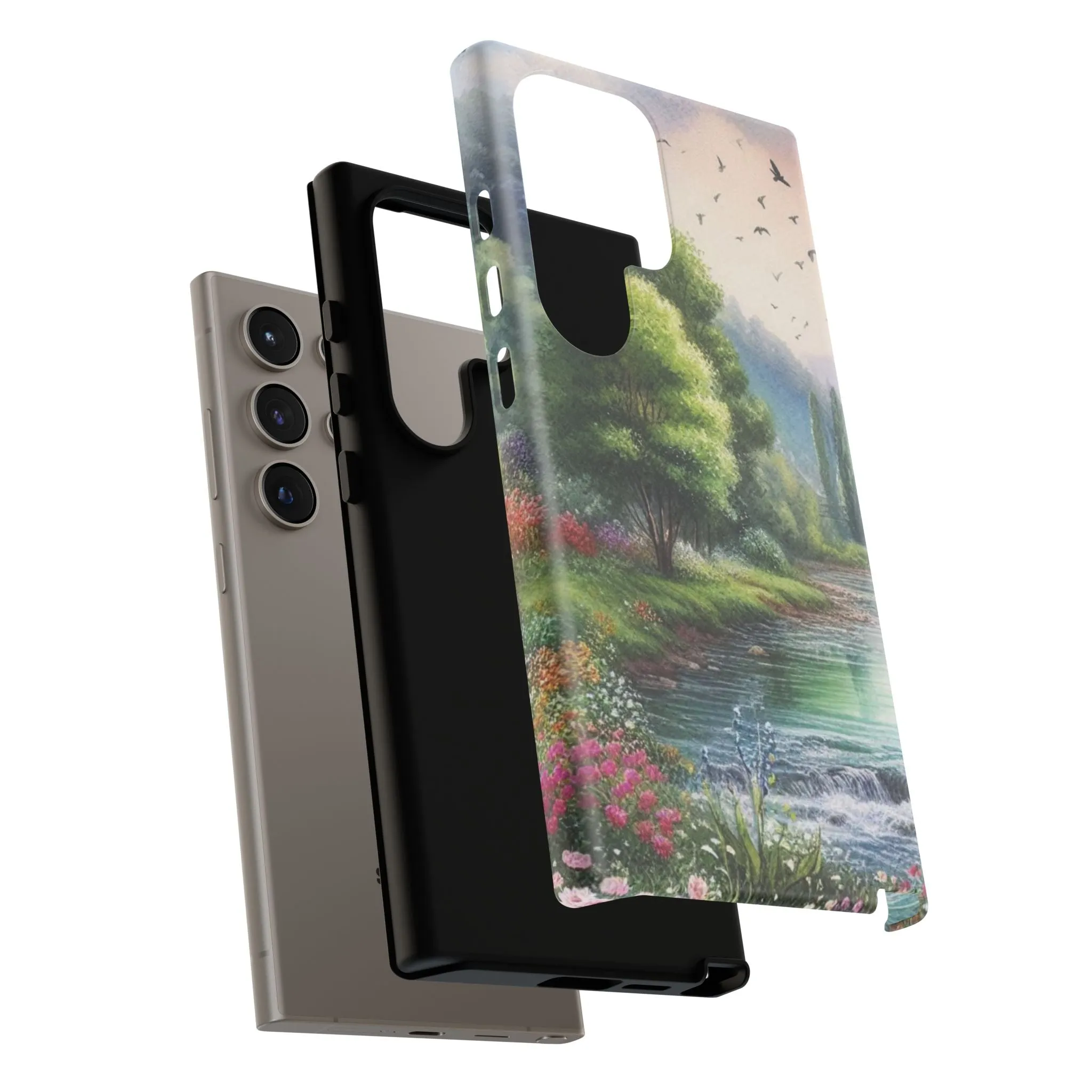 Colorful flowers and nature by a flowing river in spring watercolour effect Tough Cases
