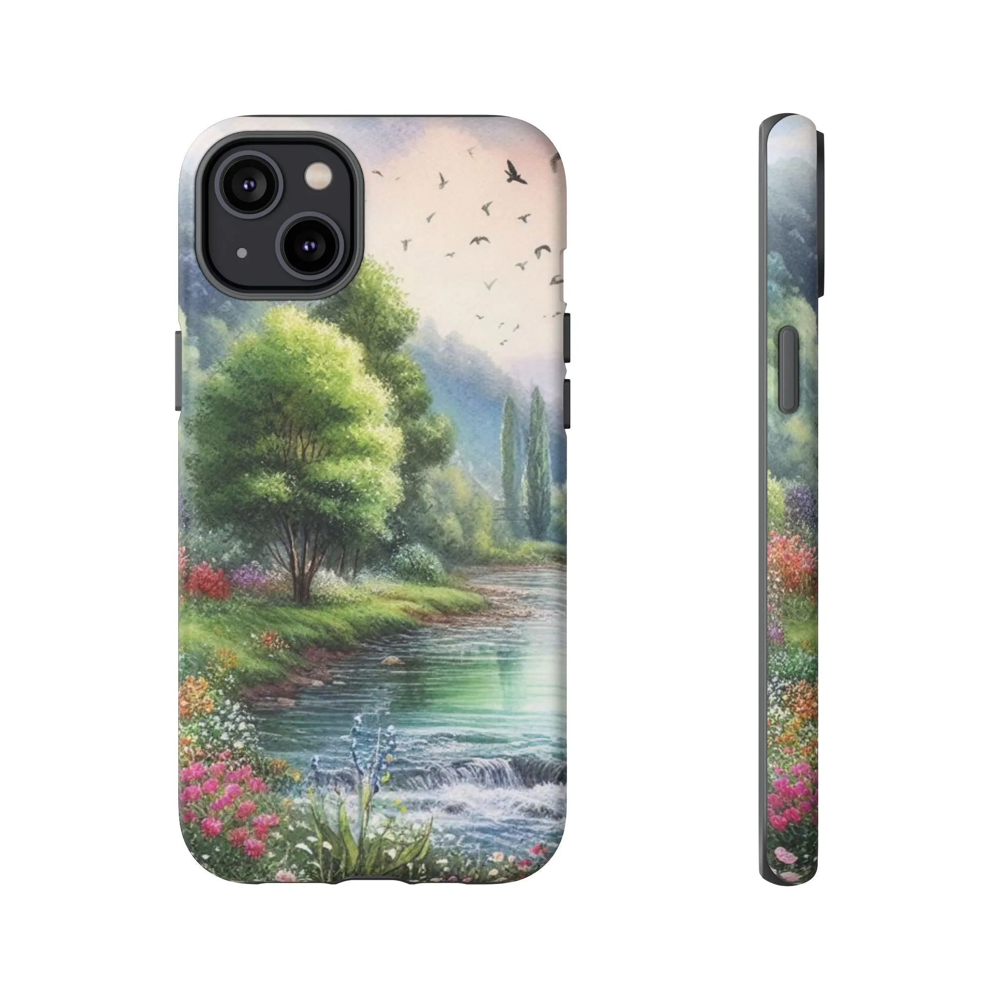 Colorful flowers and nature by a flowing river in spring watercolour effect Tough Cases