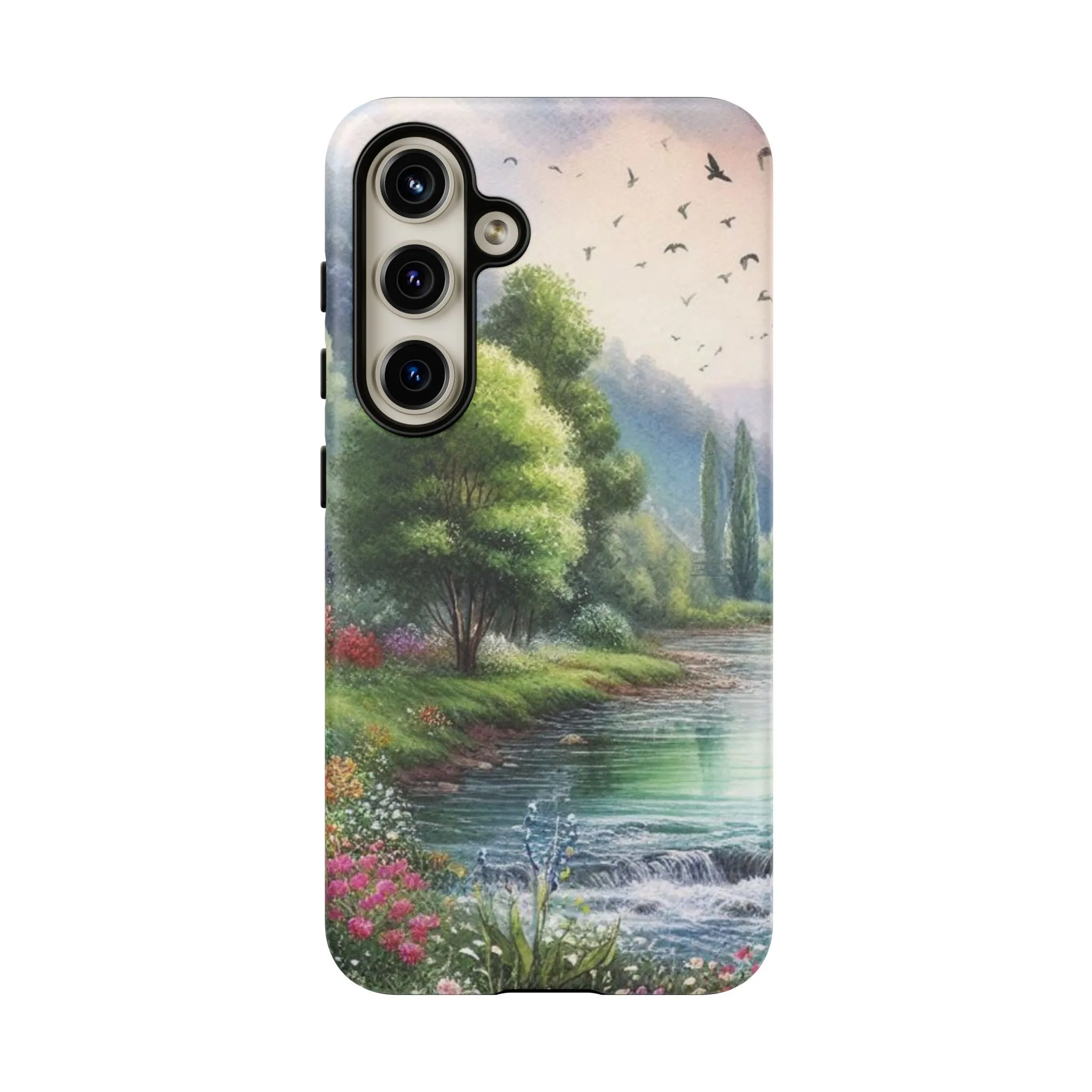 Colorful flowers and nature by a flowing river in spring watercolour effect Tough Cases