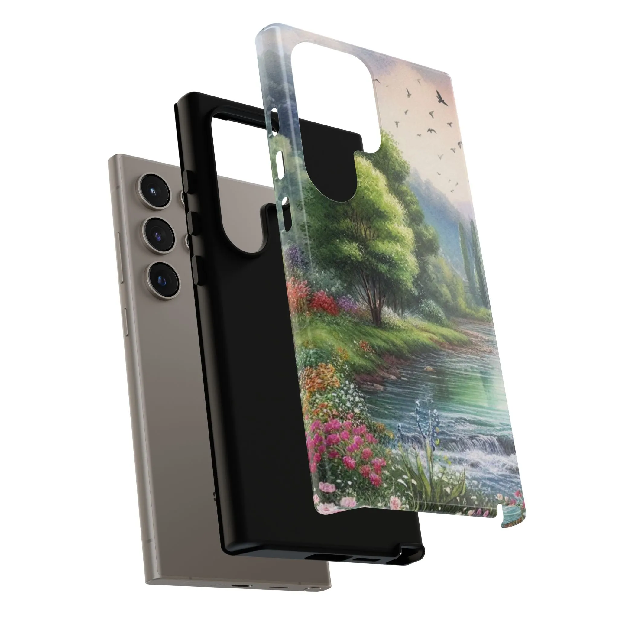 Colorful flowers and nature by a flowing river in spring watercolour effect Tough Cases