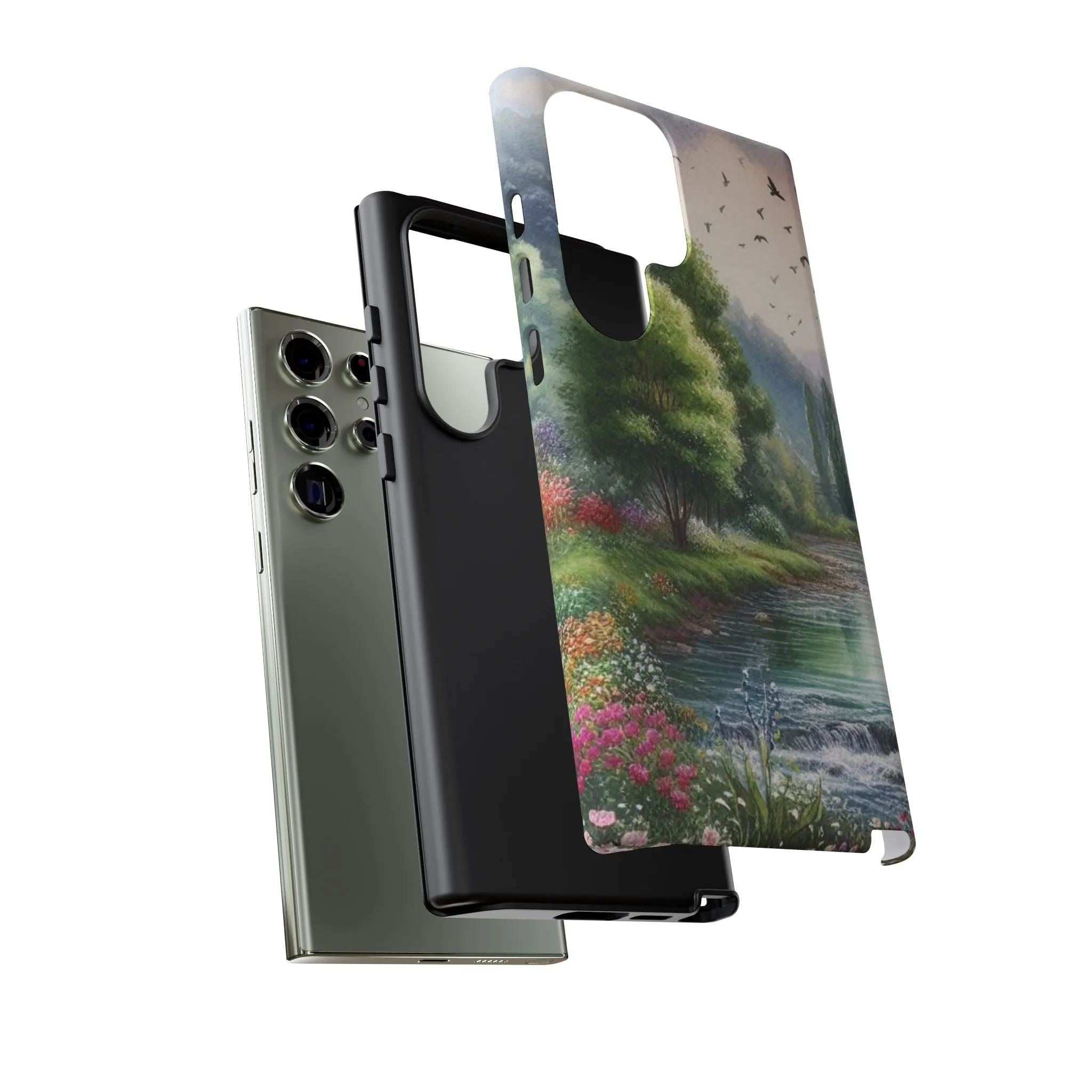 Colorful flowers and nature by a flowing river in spring watercolour effect Tough Cases