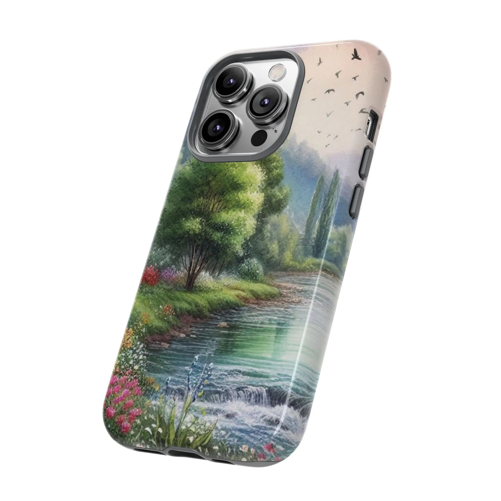 Colorful flowers and nature by a flowing river in spring watercolour effect Tough Cases