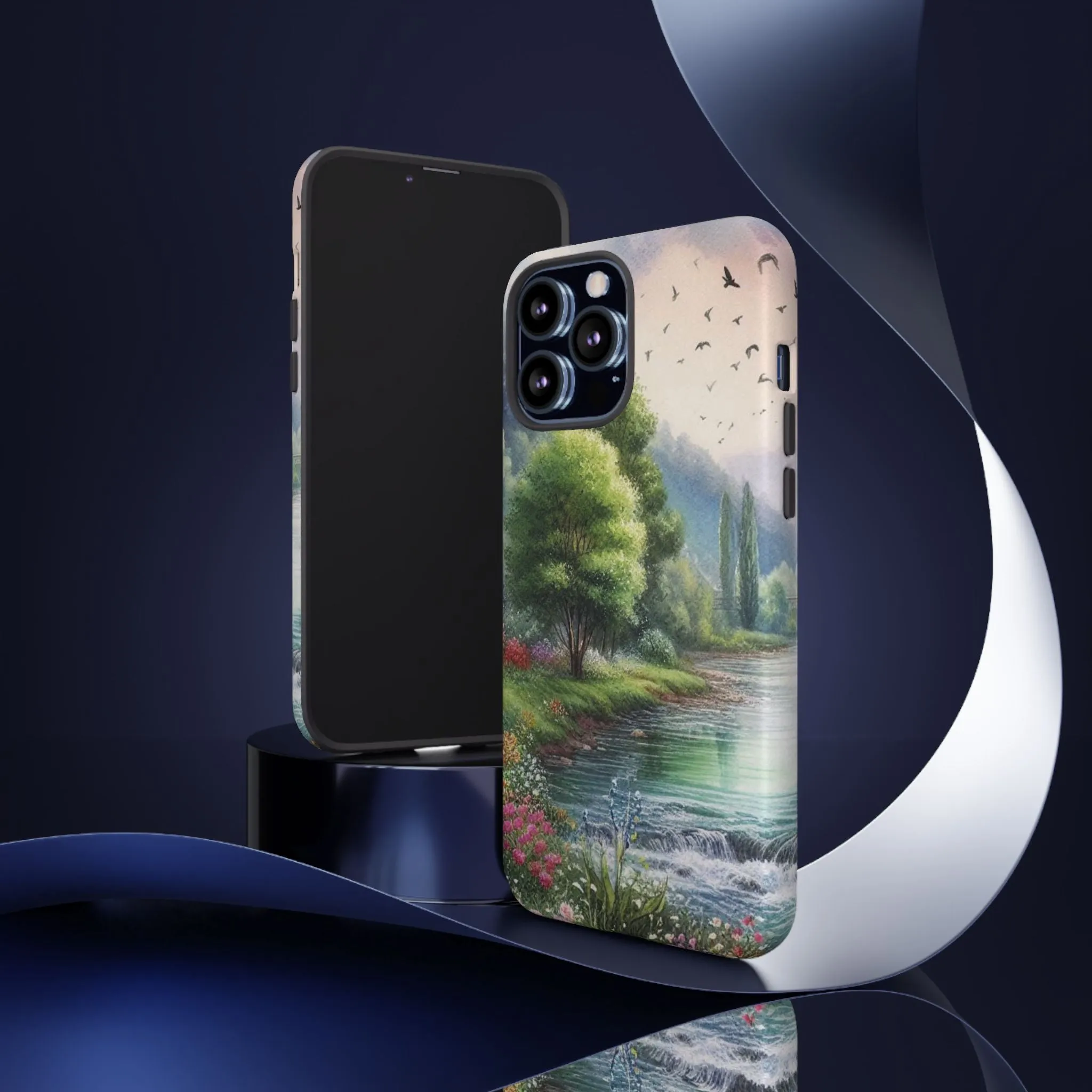 Colorful flowers and nature by a flowing river in spring watercolour effect Tough Cases
