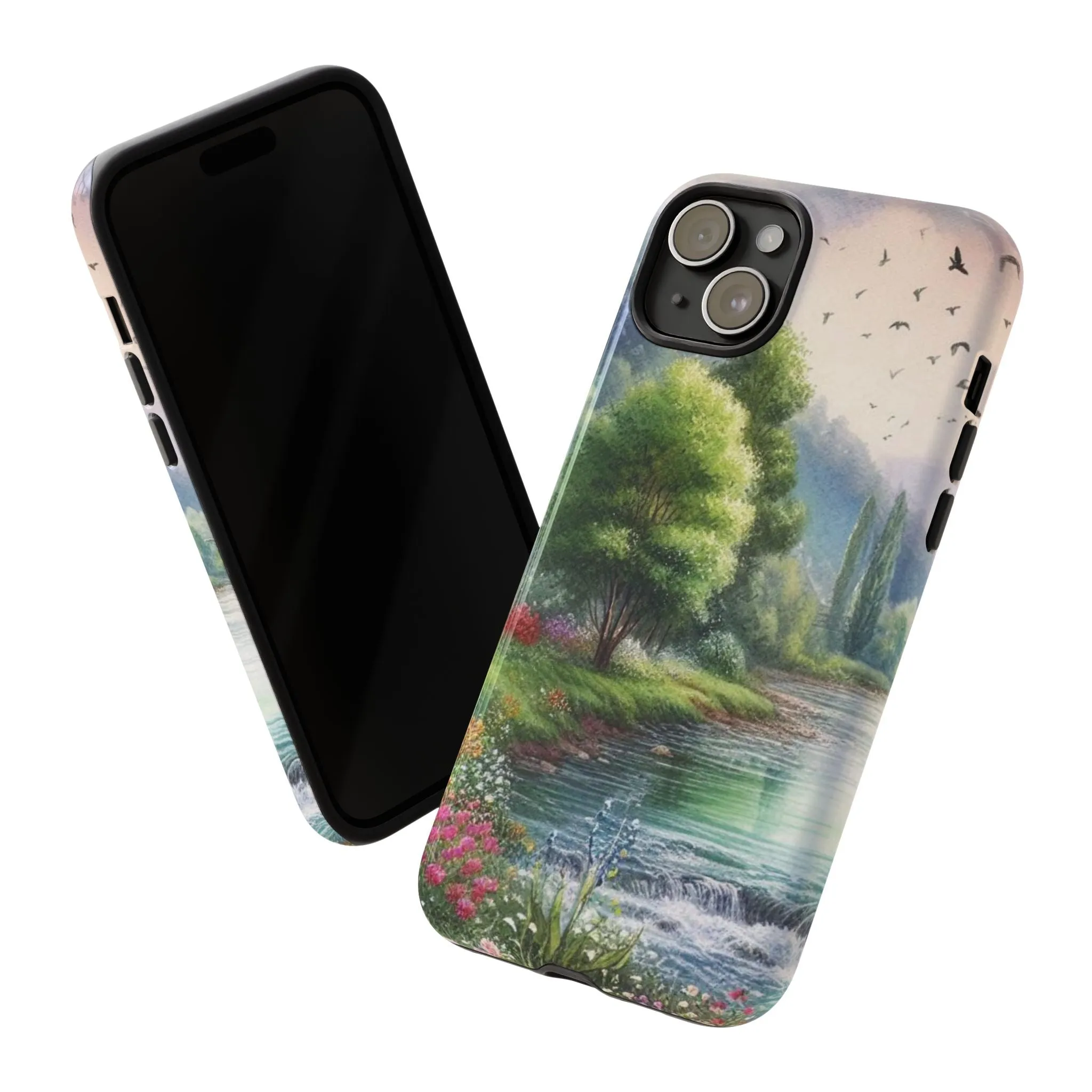 Colorful flowers and nature by a flowing river in spring watercolour effect Tough Cases