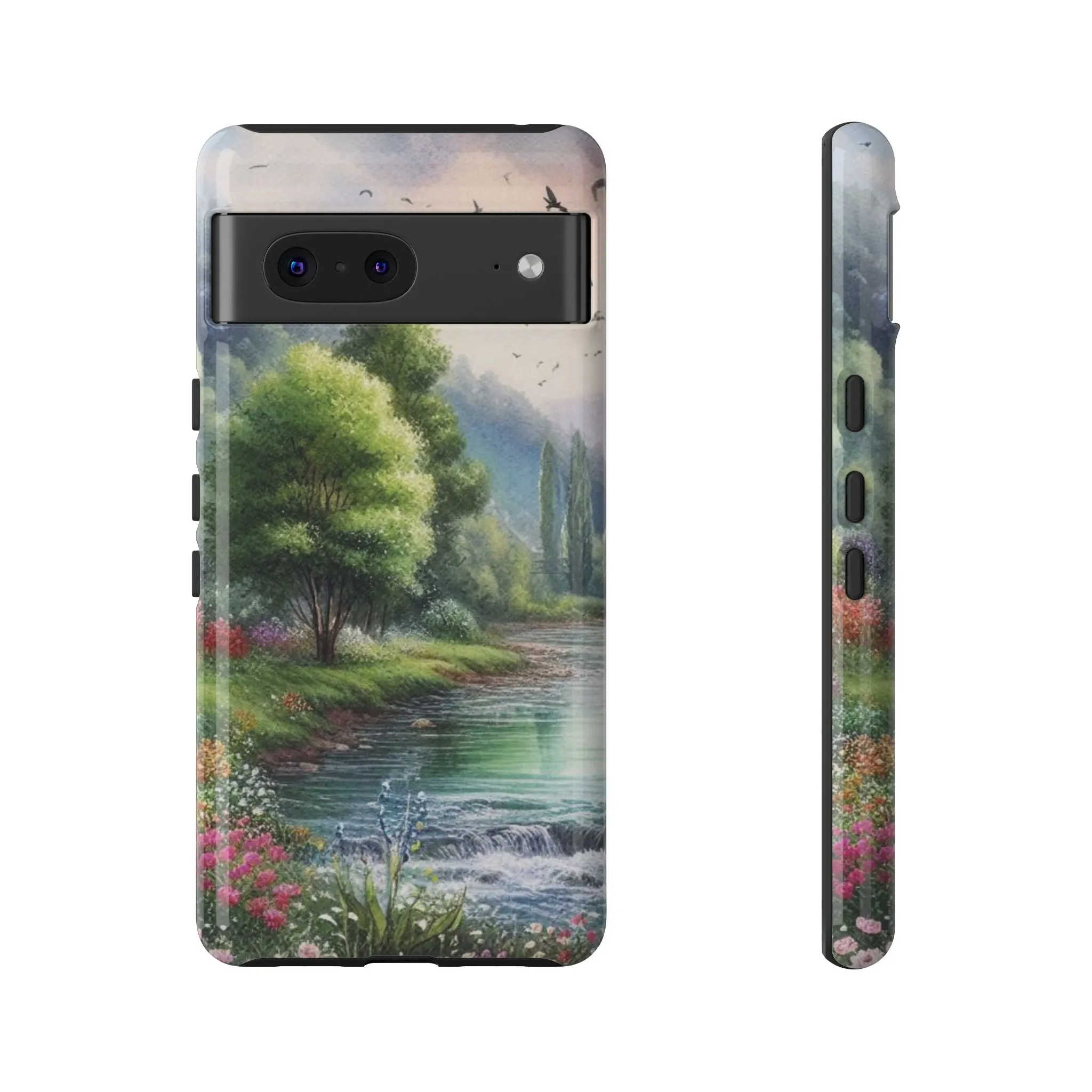 Colorful flowers and nature by a flowing river in spring watercolour effect Tough Cases