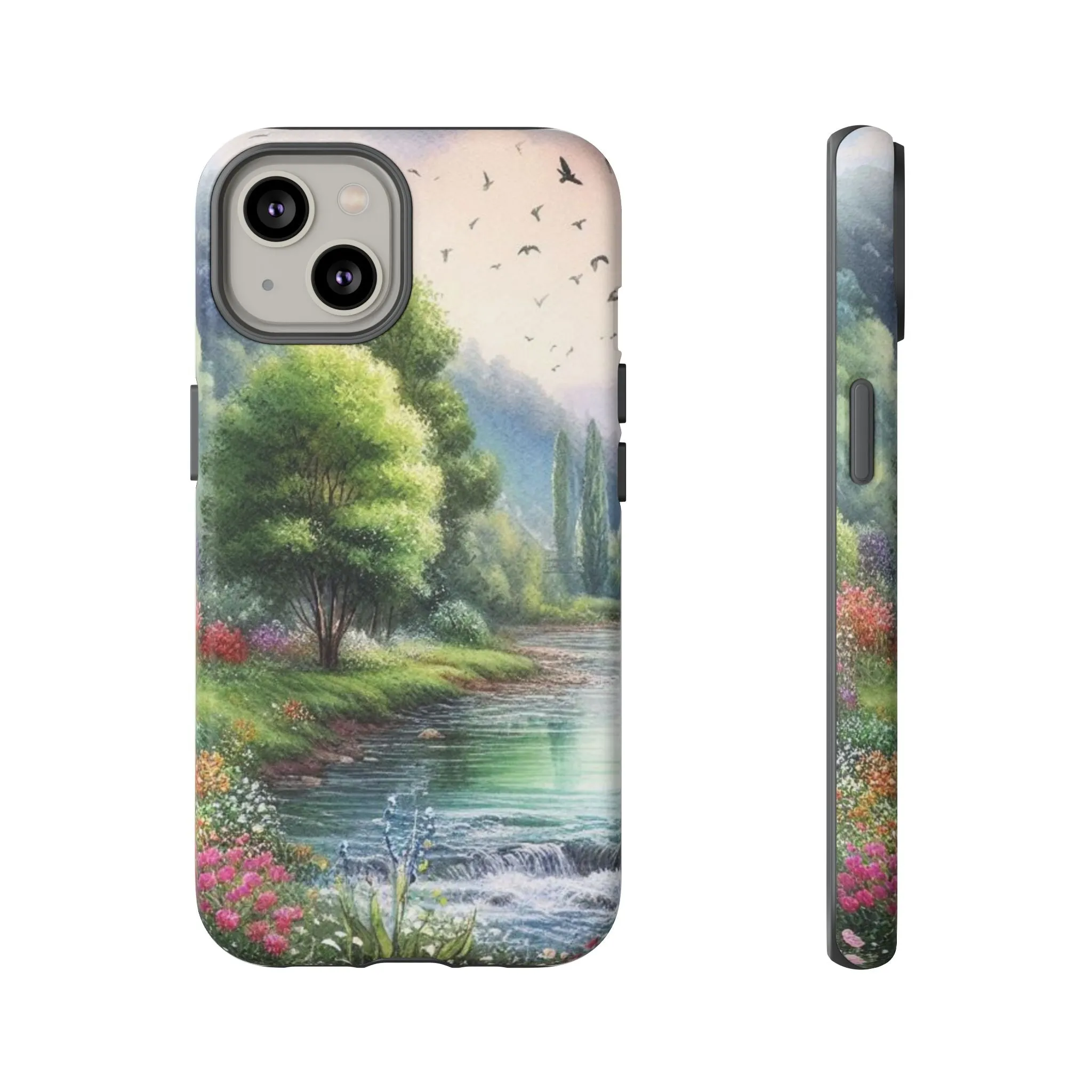 Colorful flowers and nature by a flowing river in spring watercolour effect Tough Cases