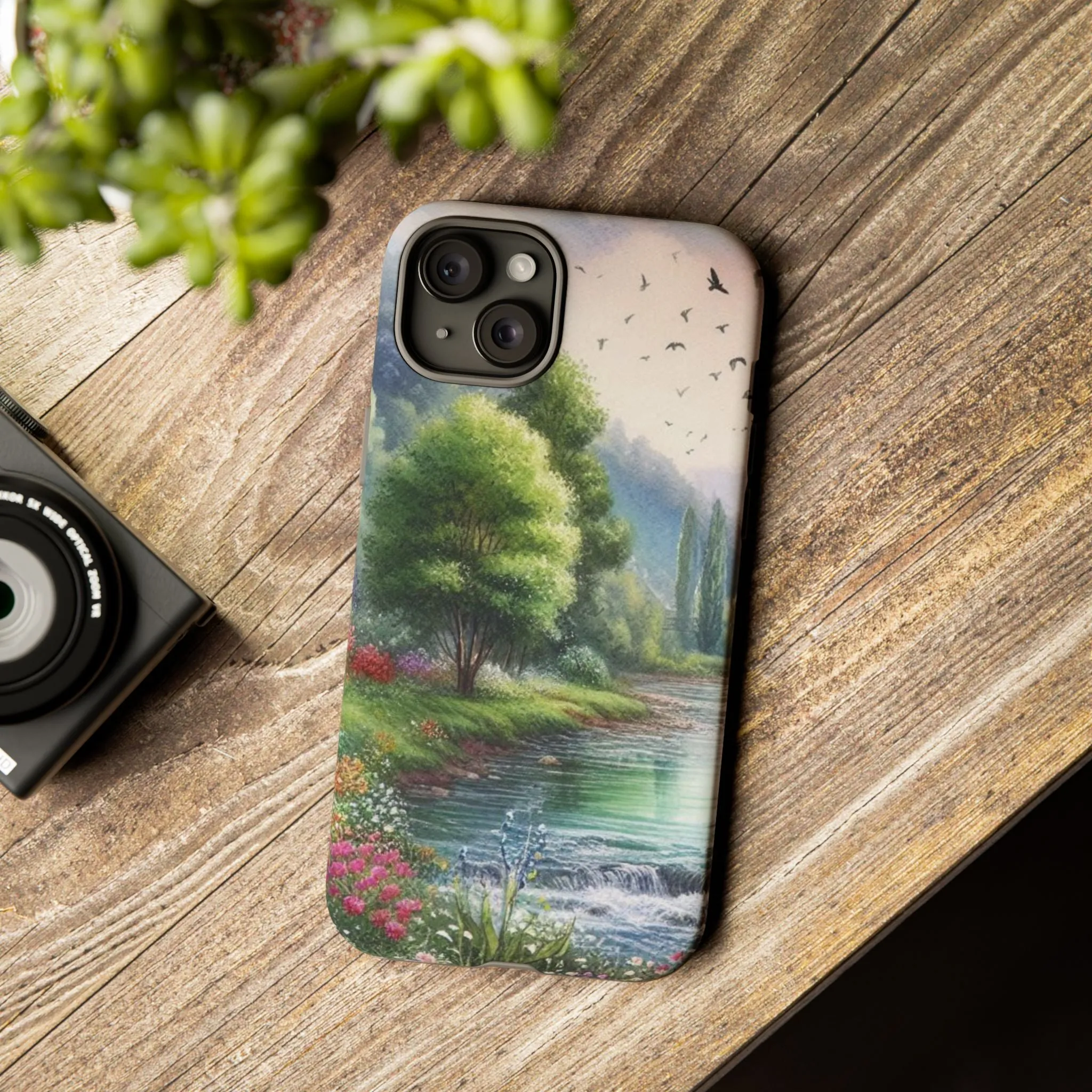 Colorful flowers and nature by a flowing river in spring watercolour effect Tough Cases