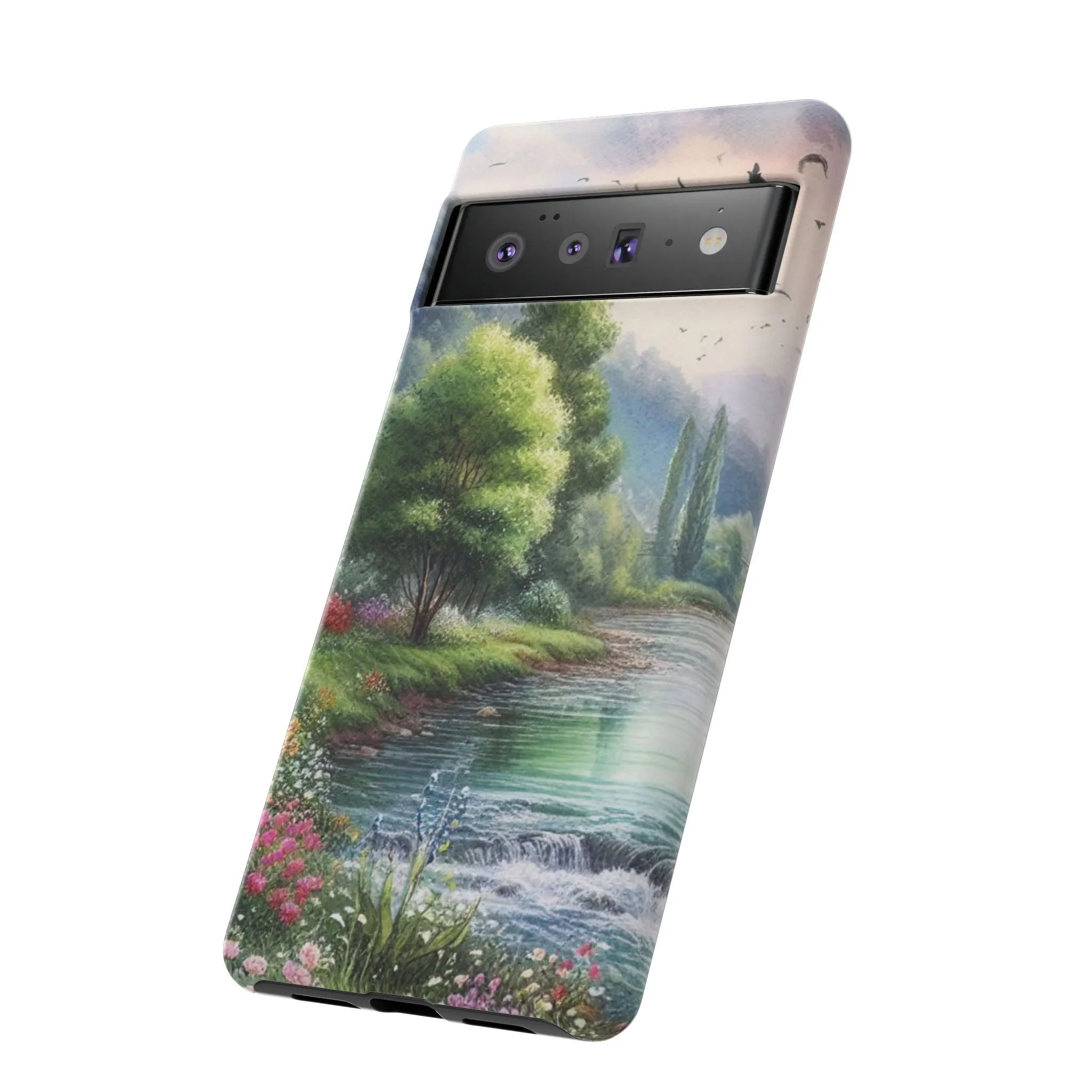 Colorful flowers and nature by a flowing river in spring watercolour effect Tough Cases